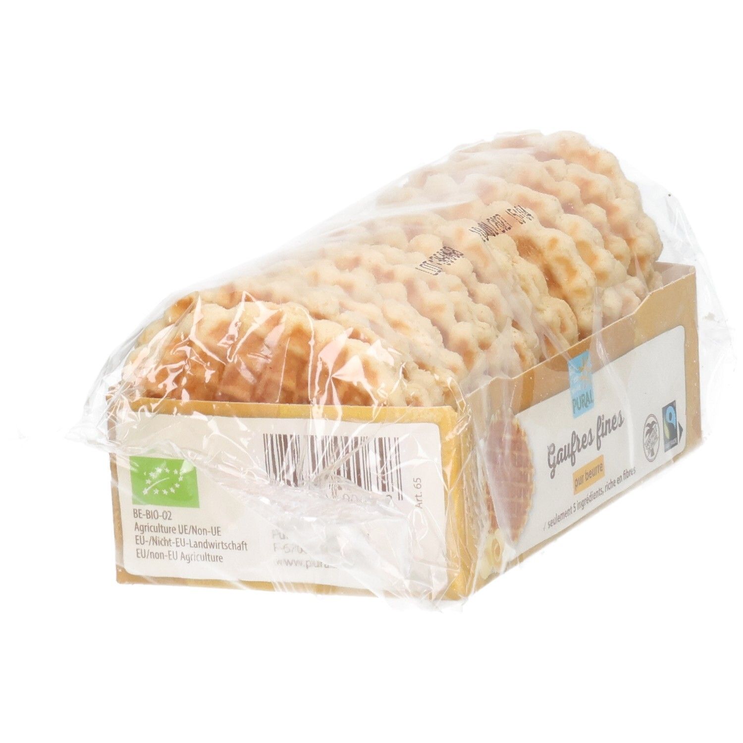 Pural Knusperwaffeln mit Butter, Packung mit Bio-Siegel und Fairtrade-Siegel.