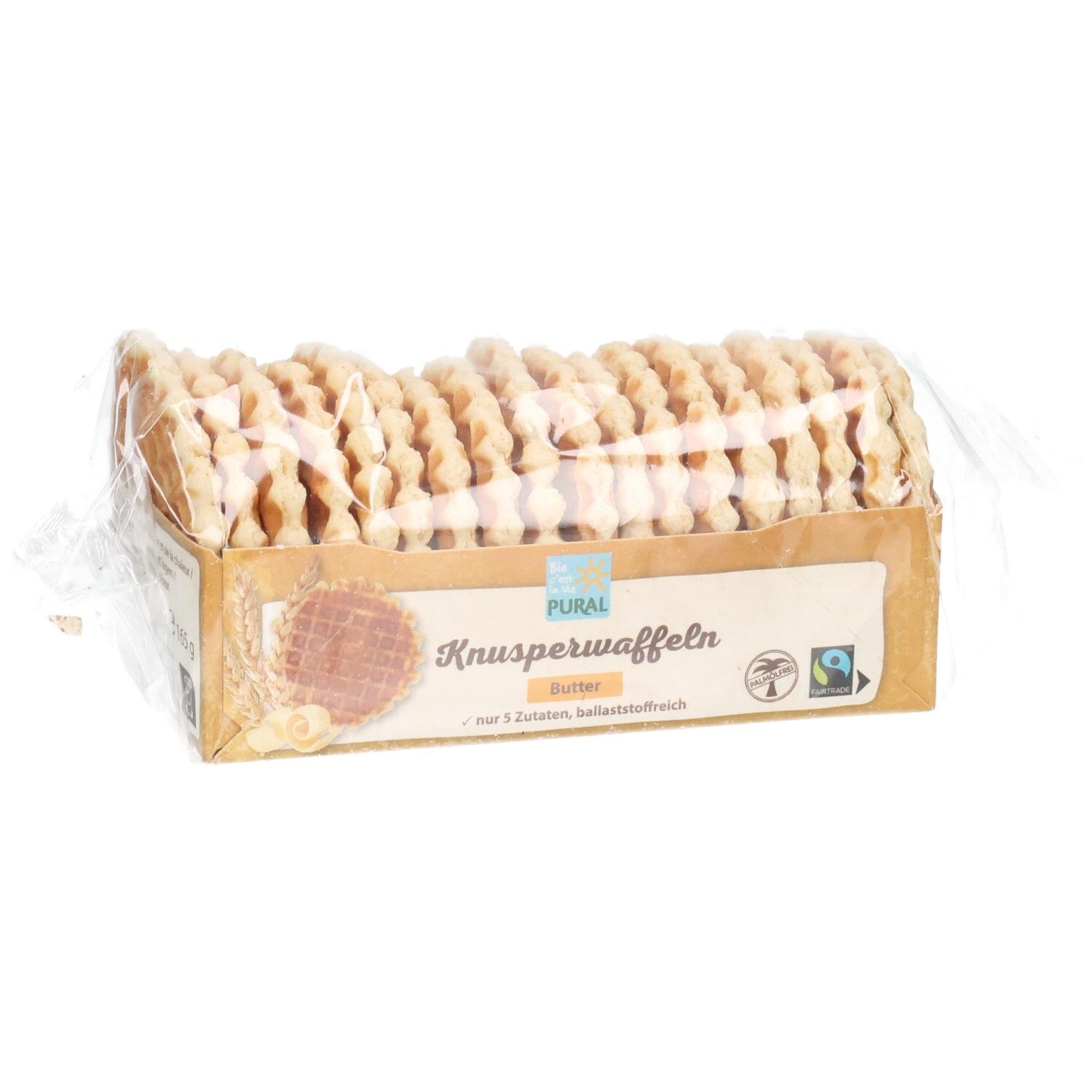 Pural Knusperwaffeln mit Butter, Packung mit Fairtrade-Siegel.