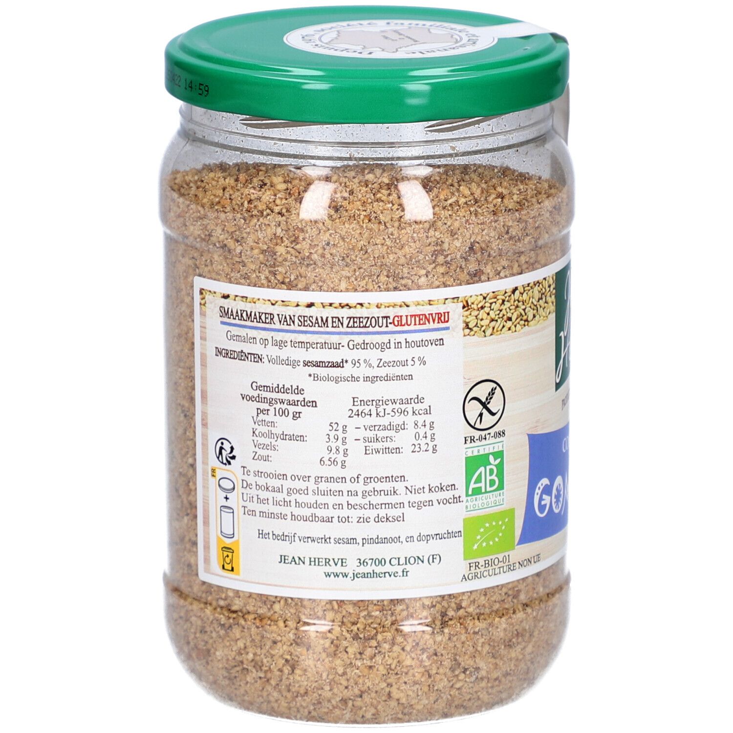 Rückseite des Gomasio-Glases. Etikett mit Nährwertangaben und Zutaten. Bio-Zertifizierung.