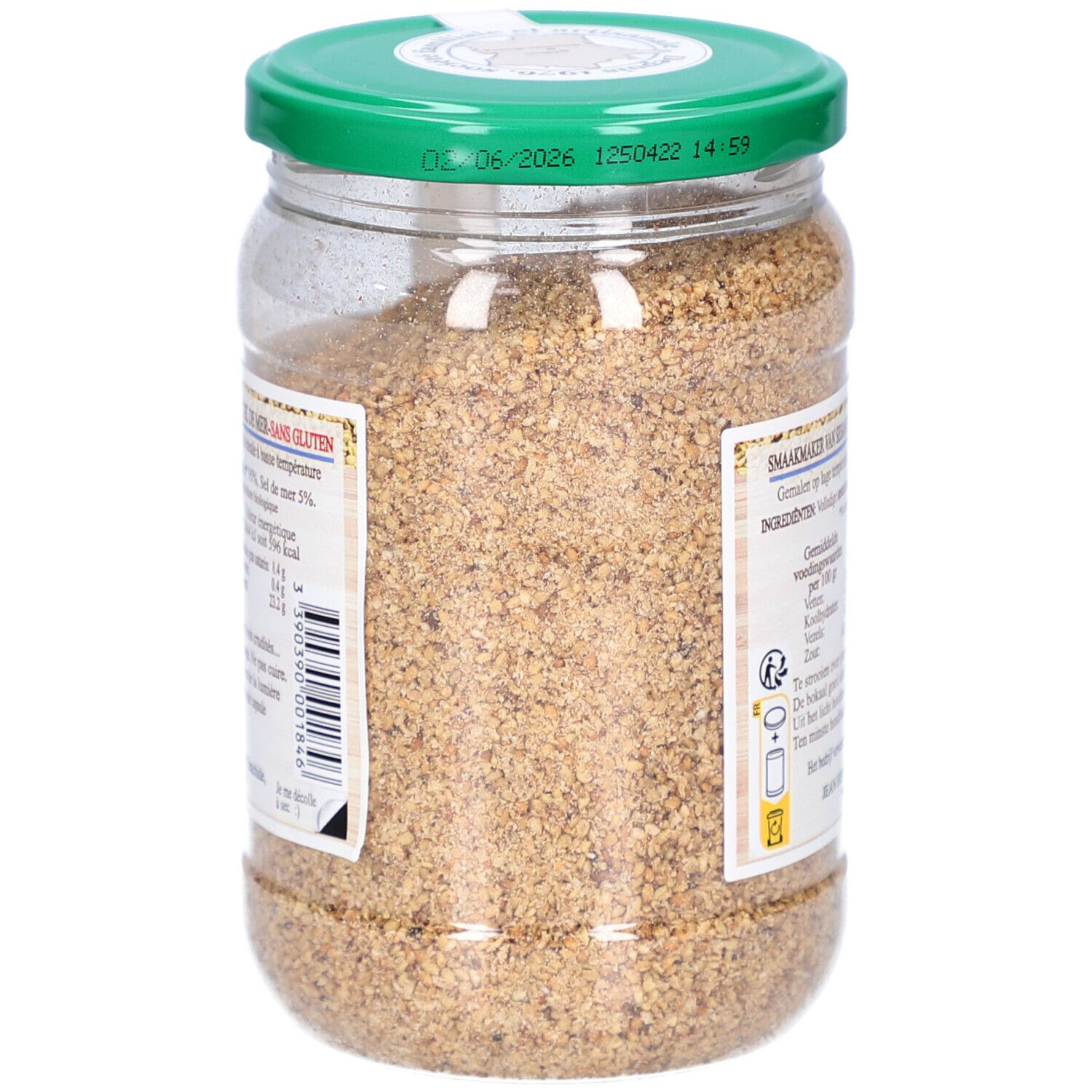 Gomasio-Glas von hinten. Grüner Deckel. Haltbarkeitsdatum auf dem Deckel.