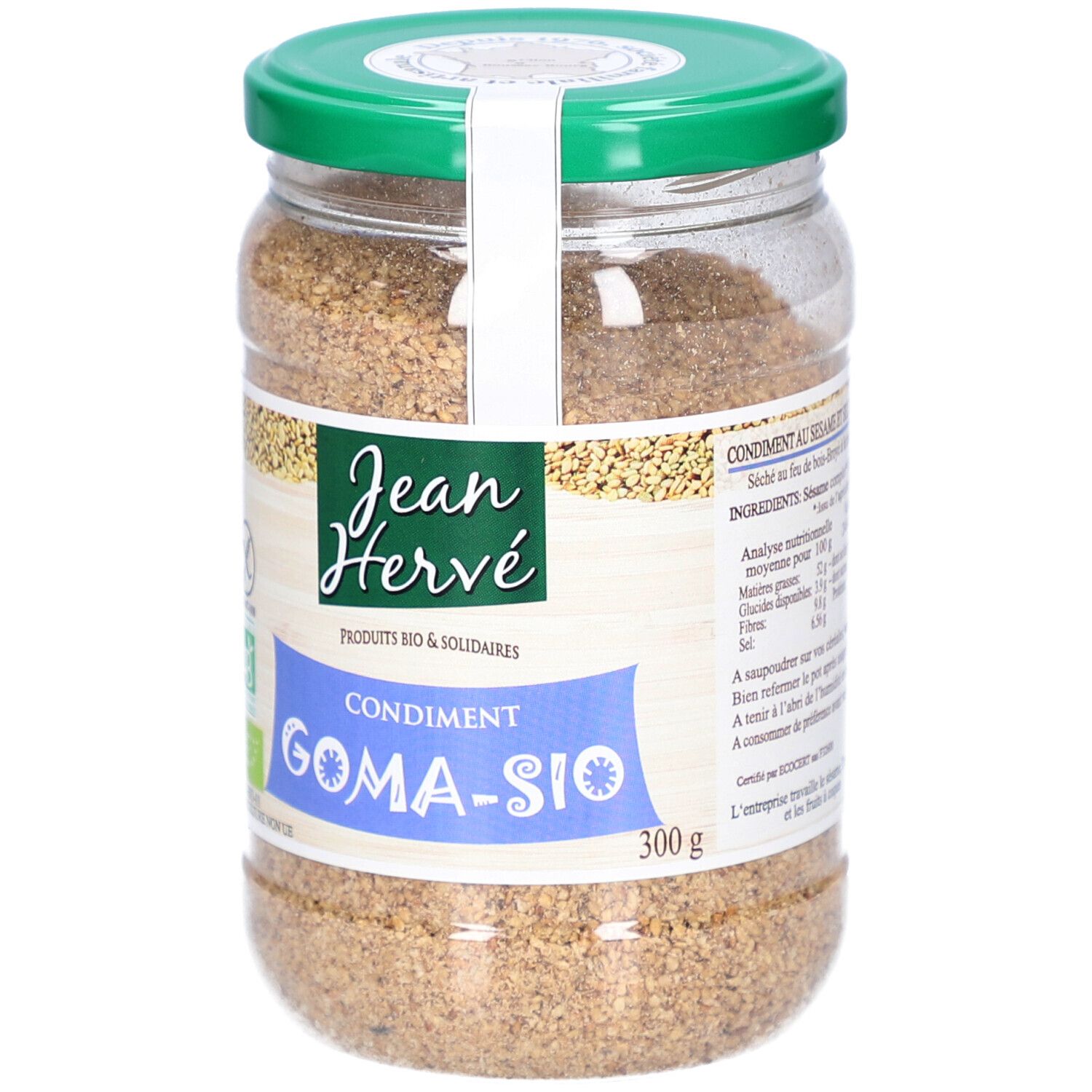 Gomasio-Glas. Grüner Deckel, weißes Etikett mit Logo und Text. 300g-Angabe.