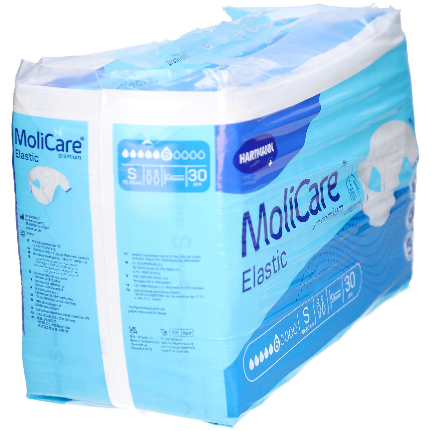 Verpackung MoliCare® Premium Elastic. Blaue Verpackung mit Produktabbildung und Informationen. Größe S, 30 Stück.