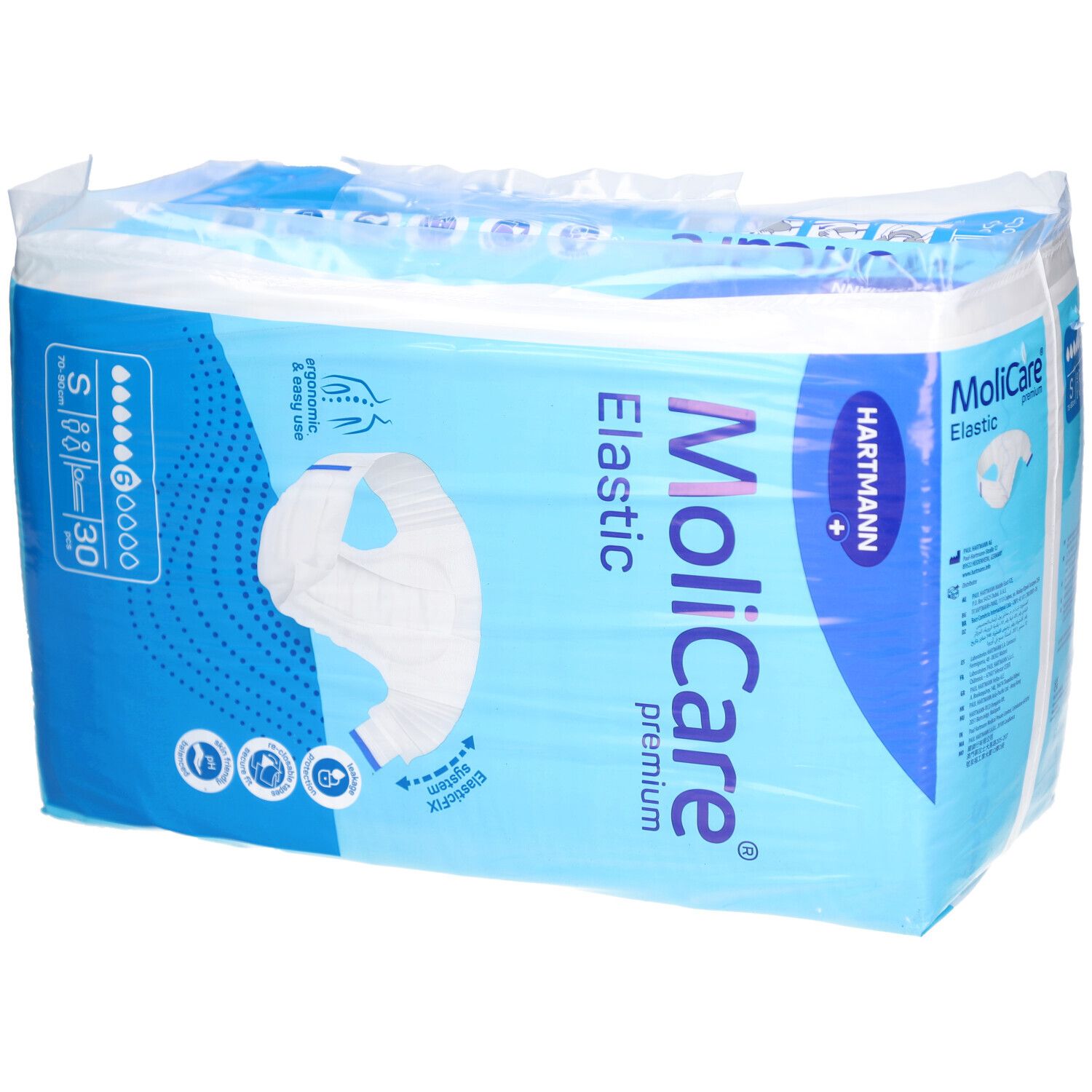 Verpackung MoliCare® Premium Elastic. Blaue Verpackung mit Produktabbildung und Informationen. Größe S, 30 Stück.