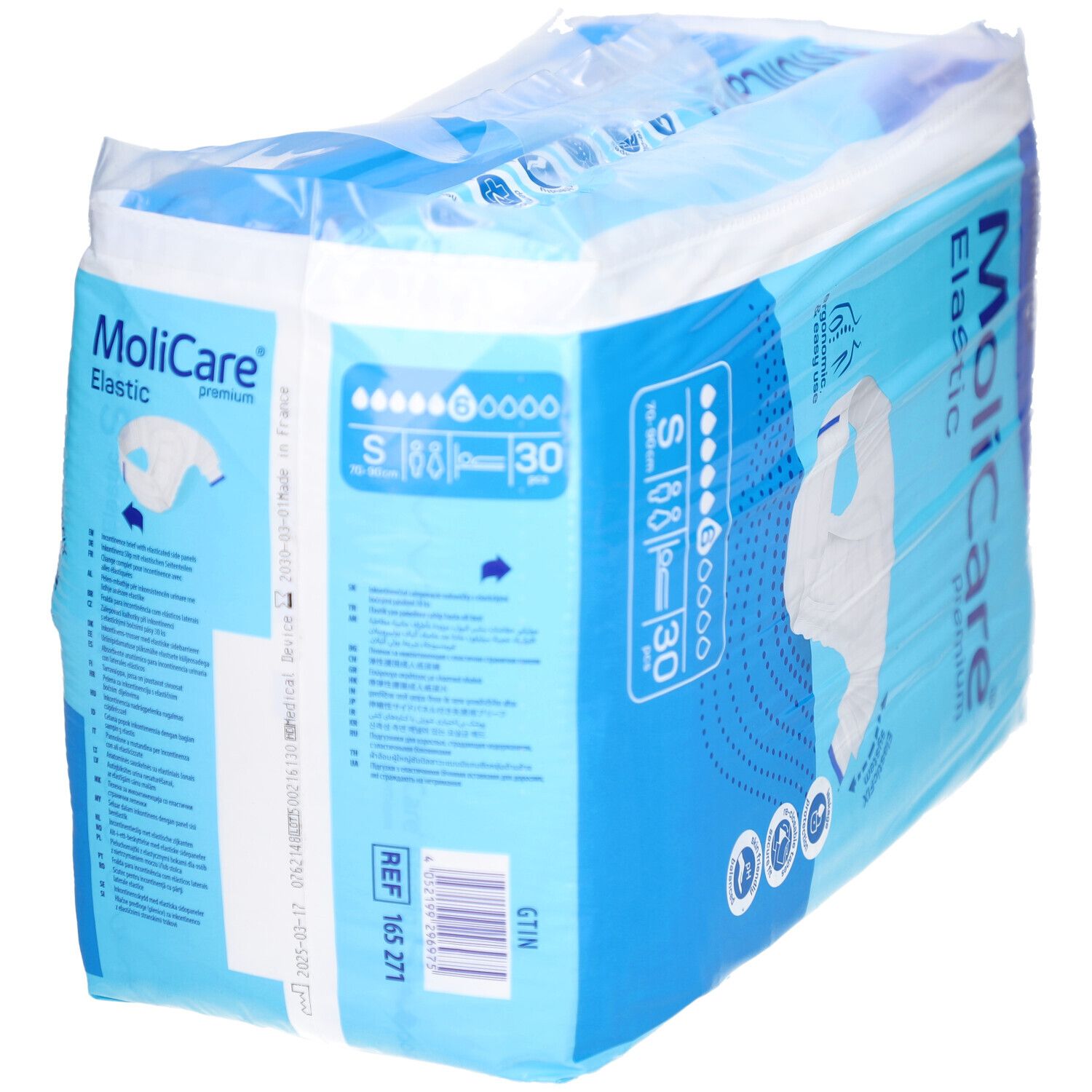 Verpackung MoliCare® Premium Elastic. Blaue Verpackung mit Produktabbildung und Informationen. Größe S, 30 Stück.