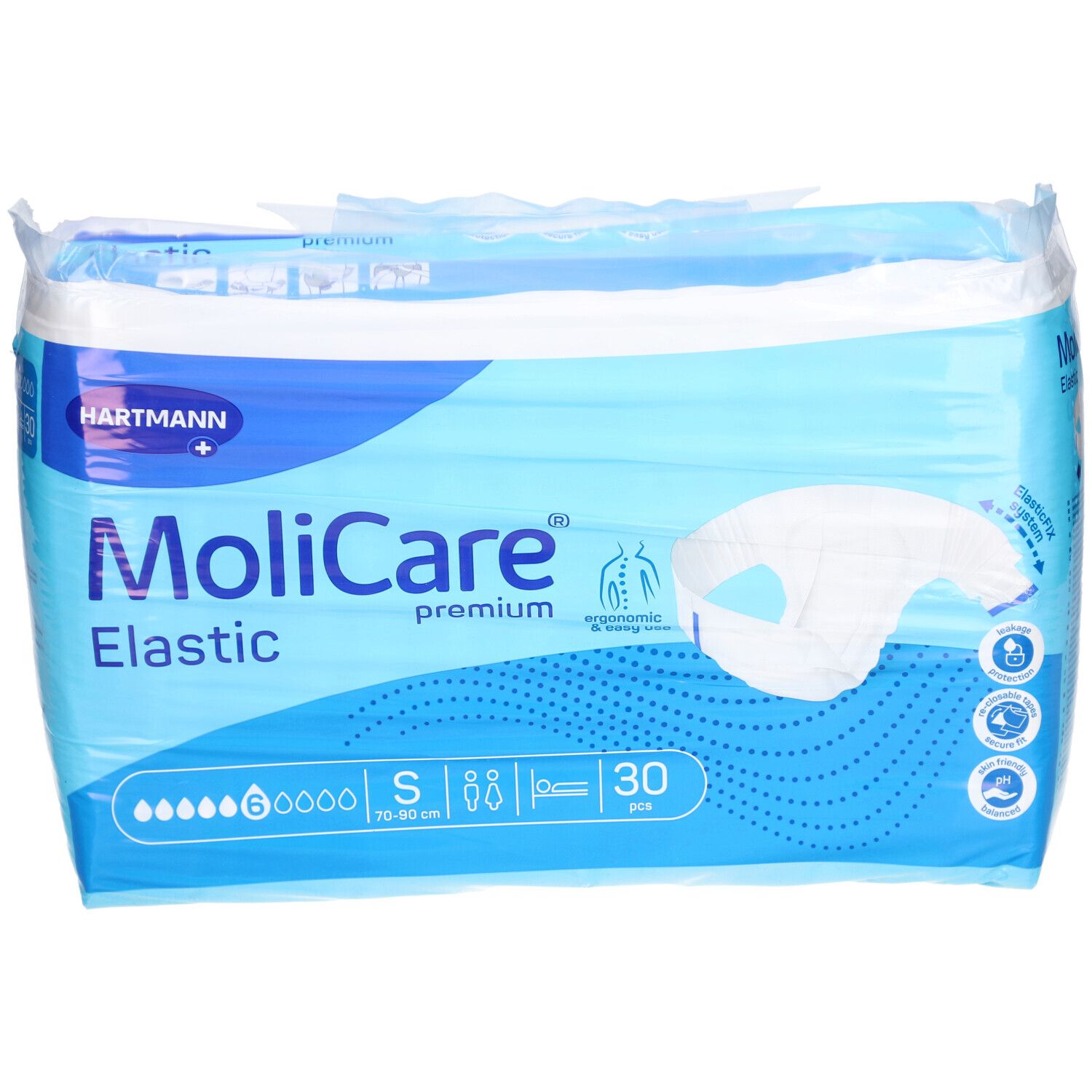 Verpackung MoliCare® Premium Elastic. Blaue Verpackung mit Produktabbildung und Informationen. Größe S, 30 Stück.