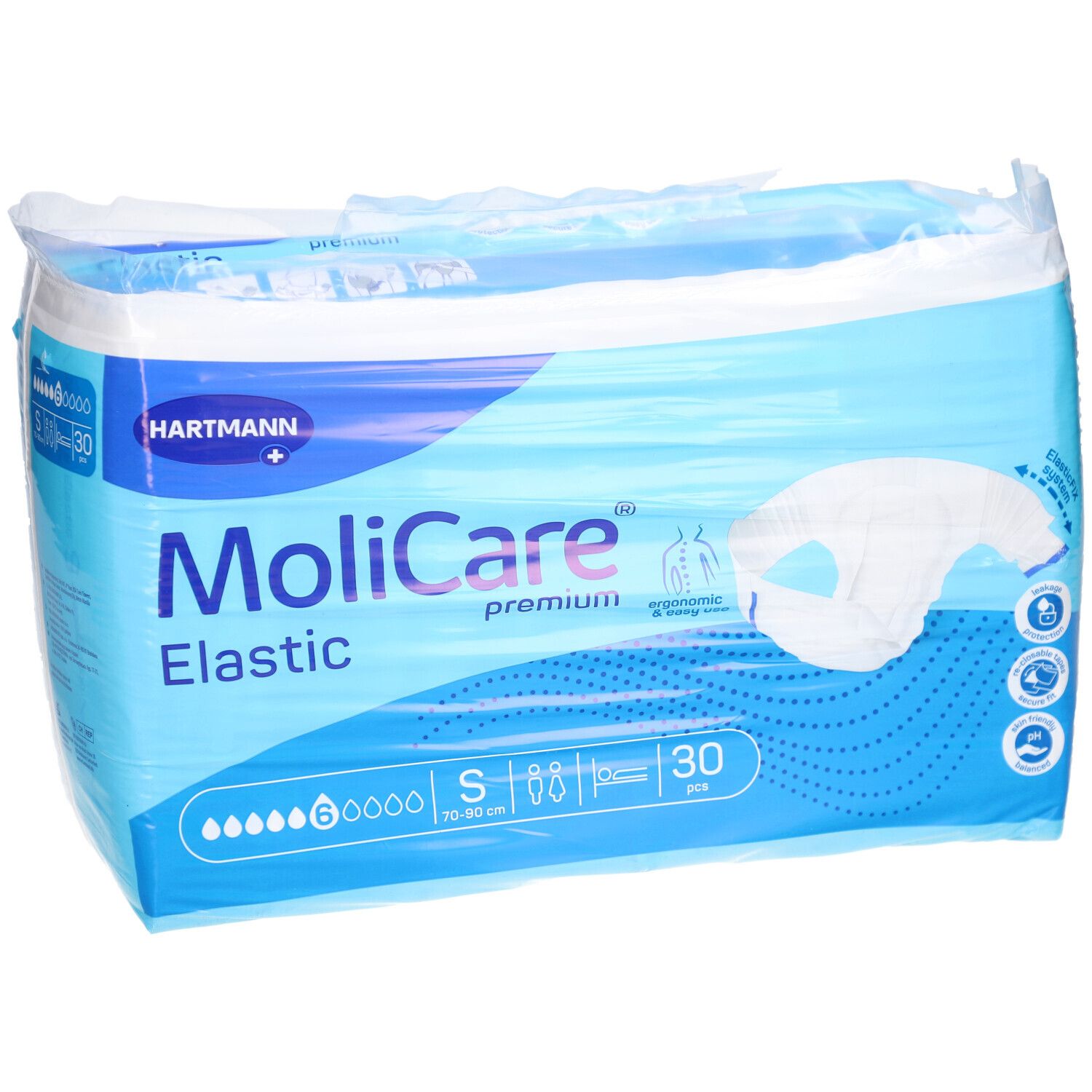 Verpackung MoliCare® Premium Elastic. Blaue Verpackung mit Produktabbildung und Informationen. Größe S, 30 Stück.