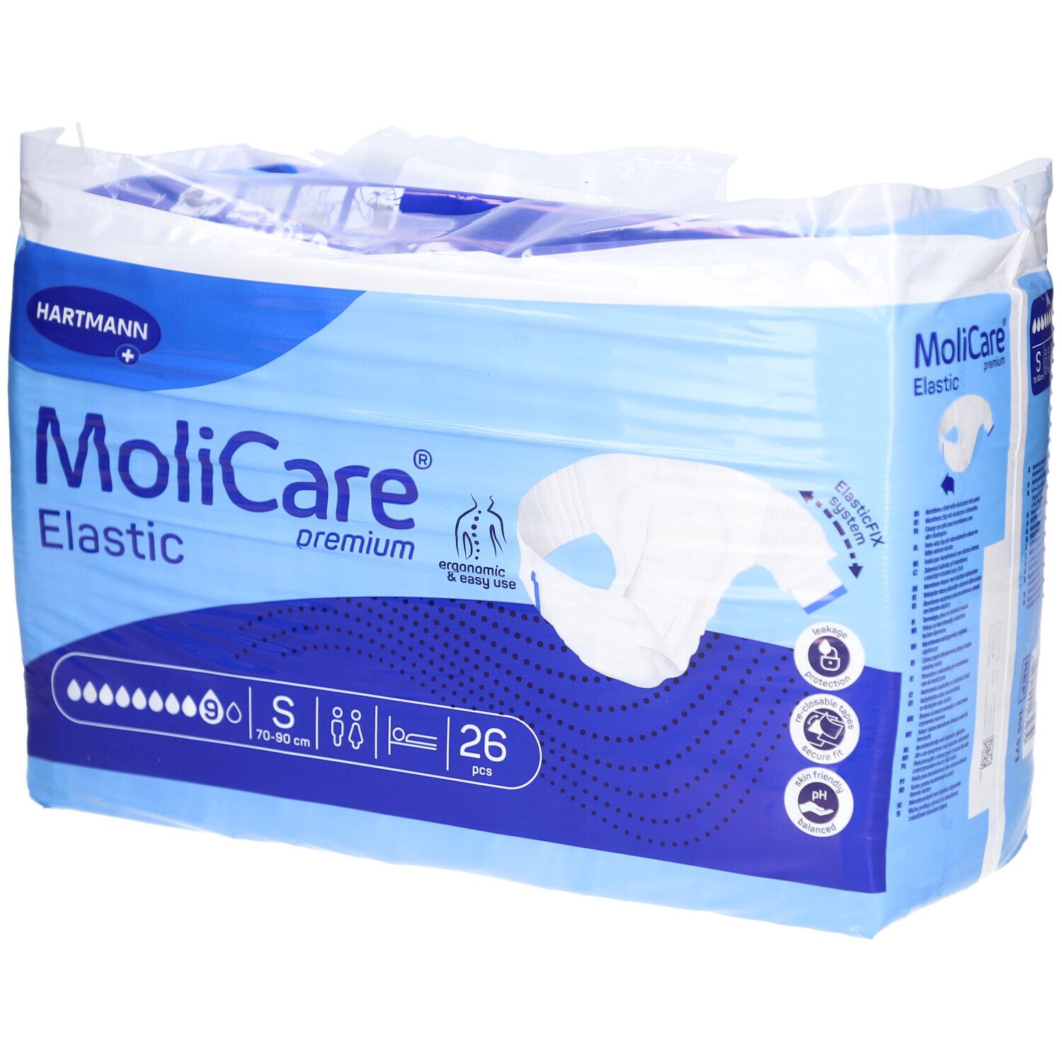 Verpackung MoliCare Premium Elastic, Größe S, 70-90 cm, 9 Tropfen, 26 Stück. Blaue Verpackung mit Produktabbildung.