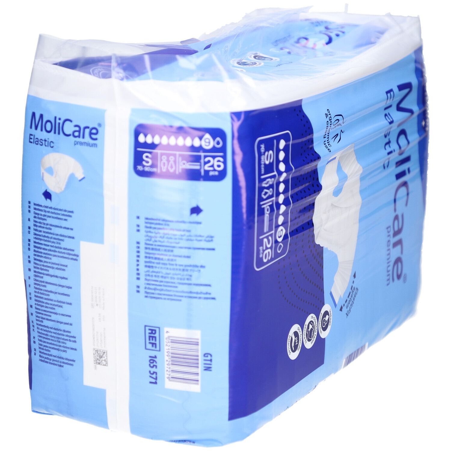 Verpackung MoliCare Premium Elastic, Größe S, 70-90 cm, 9 Tropfen, 26 Stück. Blaue Verpackung mit Produktinformationen.