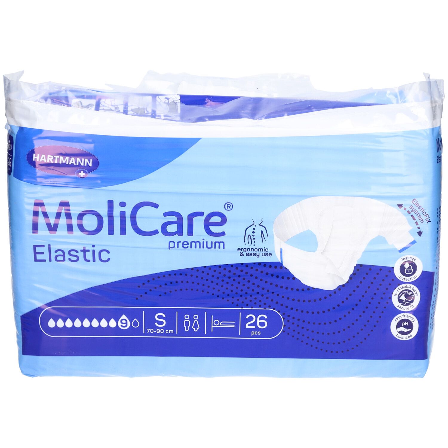 Verpackung MoliCare Premium Elastic, Größe S, 70-90 cm, 9 Tropfen, 26 Stück. Blaue Verpackung mit Produktabbildung.