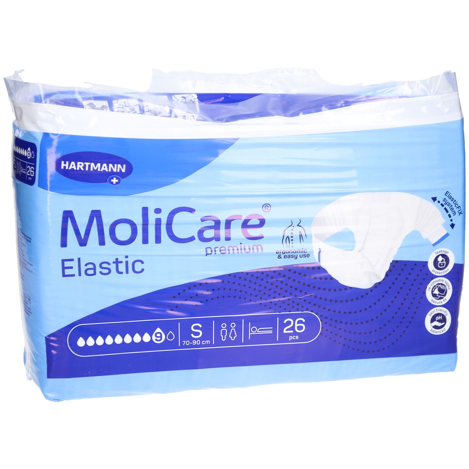 Verpackung MoliCare Premium Elastic, Größe S, 70-90 cm, 9 Tropfen, 26 Stück. Blaue Verpackung mit Produktabbildung.