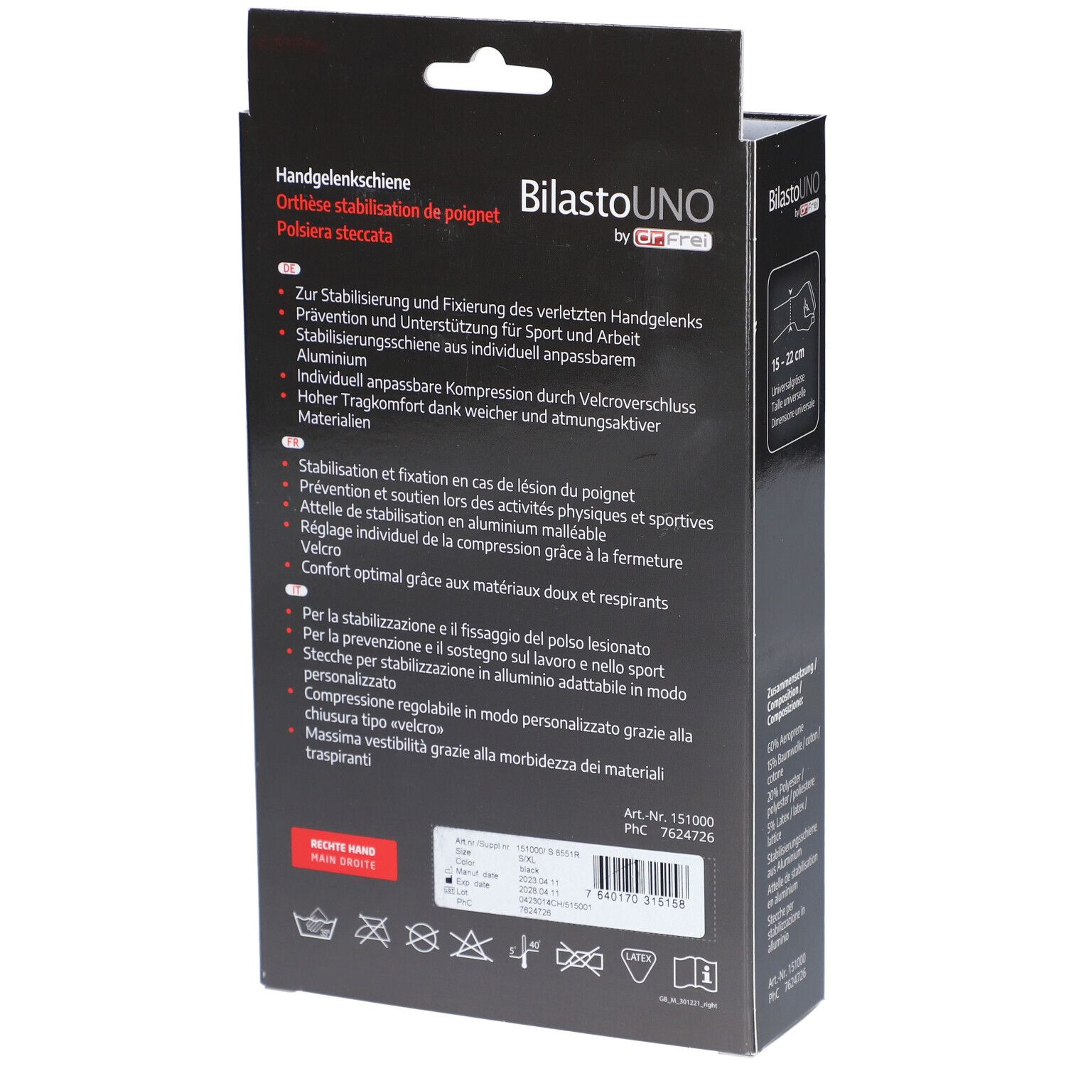 BILASTO Uno Handgelenkschiene S-XL re Stütze Velc