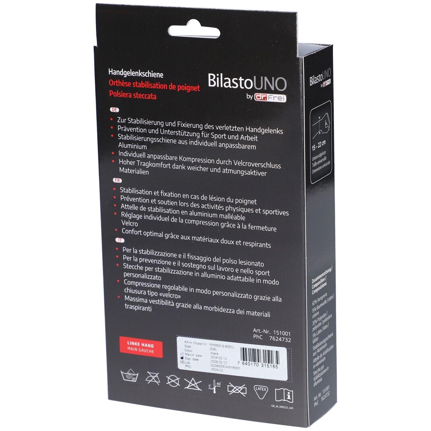 BILASTO Uno Handgelenkschiene S-XL li Stütze Velc