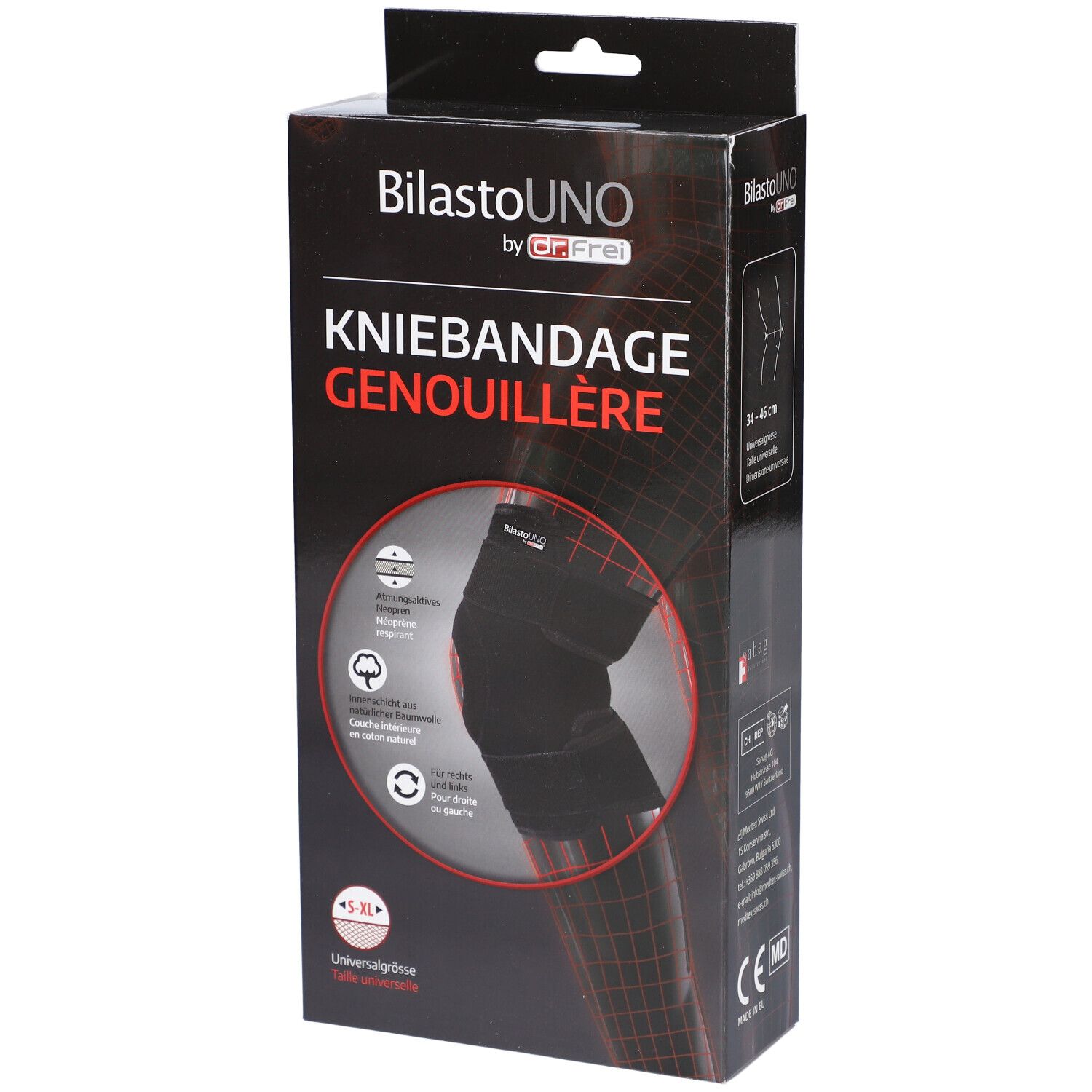 Genouillère noire dans son emballage. Inscription: BilastoUNO, Kniebandage, S-XL, by Dr. Frei.