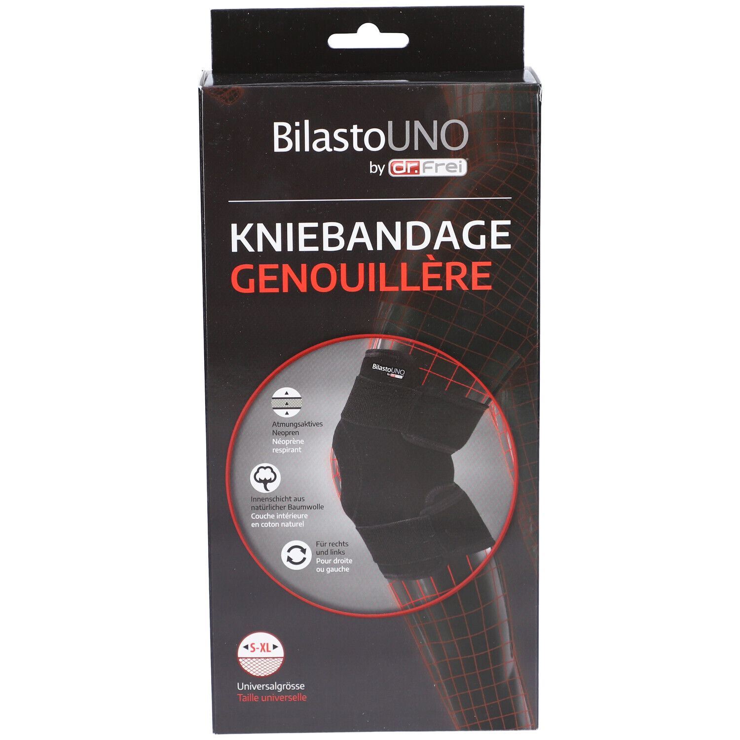 Genouillère dans son emballage. Inscription: BilastoUNO, Kniebandage, S-XL, by Dr. Frei. Illustration.