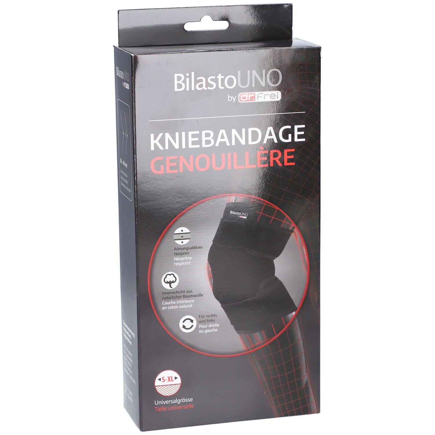 Genouillère dans son emballage. Inscription: BilastoUNO, Kniebandage, S-XL, by Dr. Frei. Illustration.