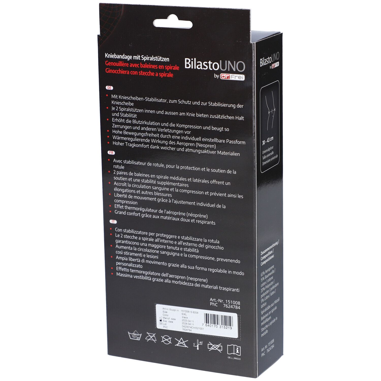 BILASTO Uno Kniebandage S-XL Spiralstützen Velcro