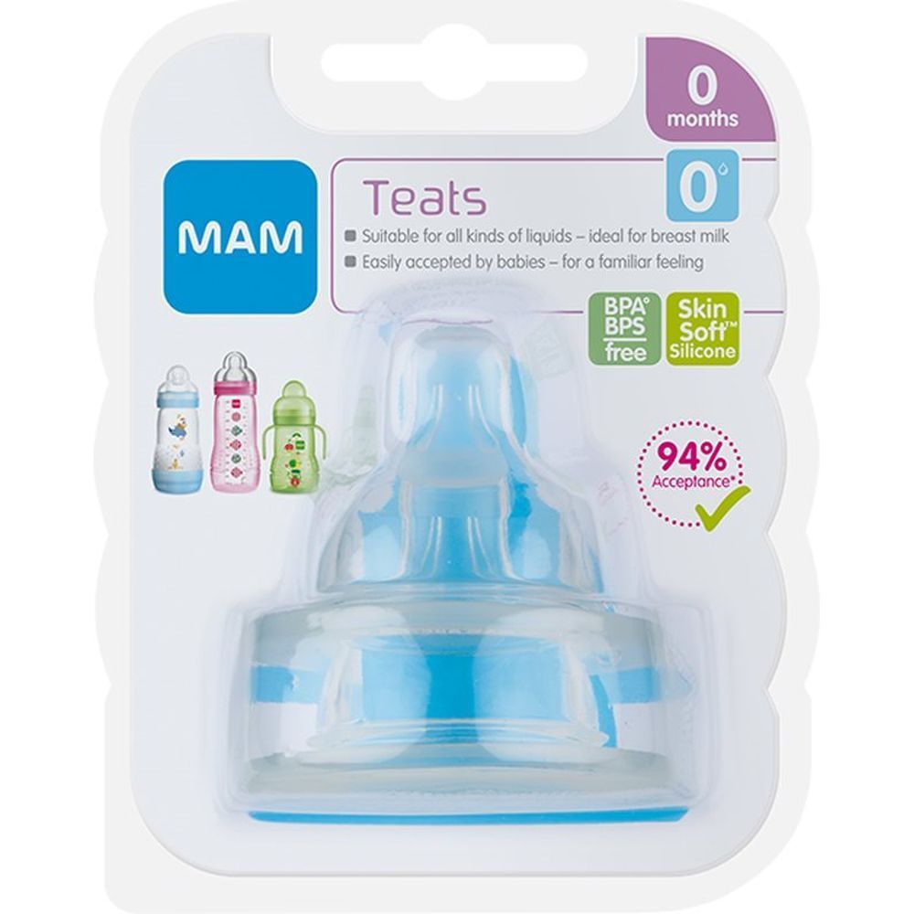 MAM-Sauger 0 Monate in Blisterverpackung. Blauer Silikonsauger mit weißem Ring. Verpackung mit Produktinformationen und Logo.