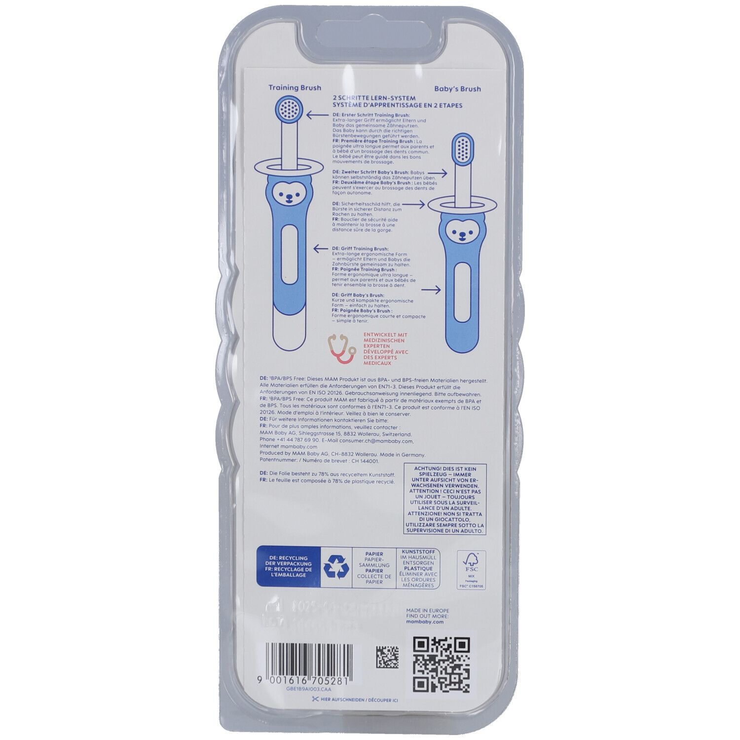 Dos de l'emballage blister du set MAM Learn to Brush. Illustrations du produit et informations textuelles en plusieurs langues.