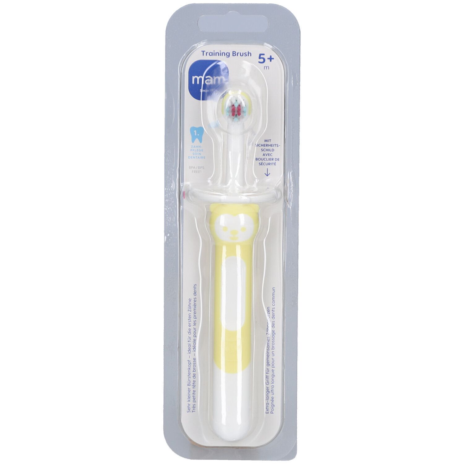 Brosse à dents dans son emballage. Manche jaune et blanc, tête ronde. Marque : mam. Recommandation d'âge : 5+ m.