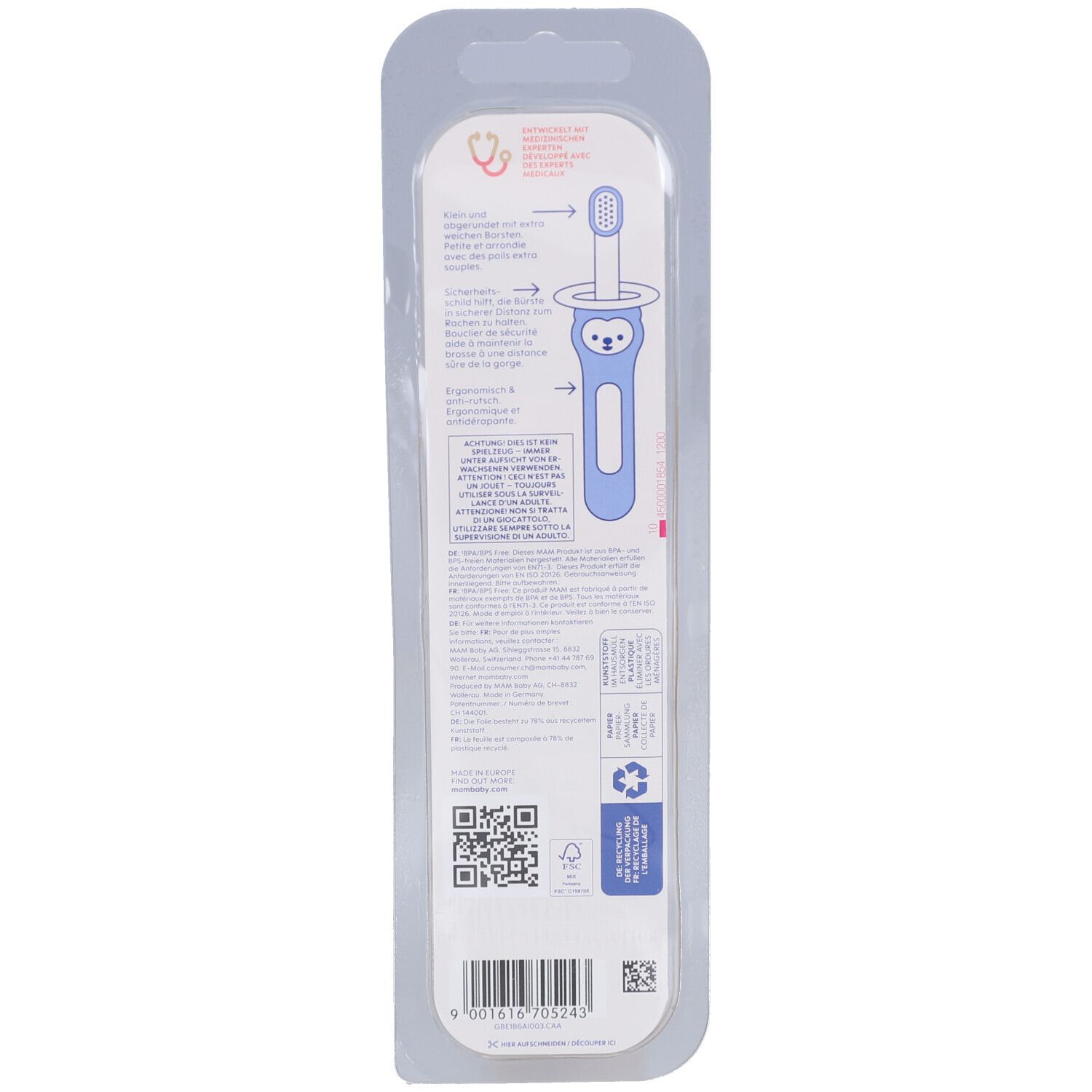 Dos de l'emballage de la brosse à dents pour bébé. Bleu. Dessin du produit, texte, code QR, symbole de recyclage et code-barres.