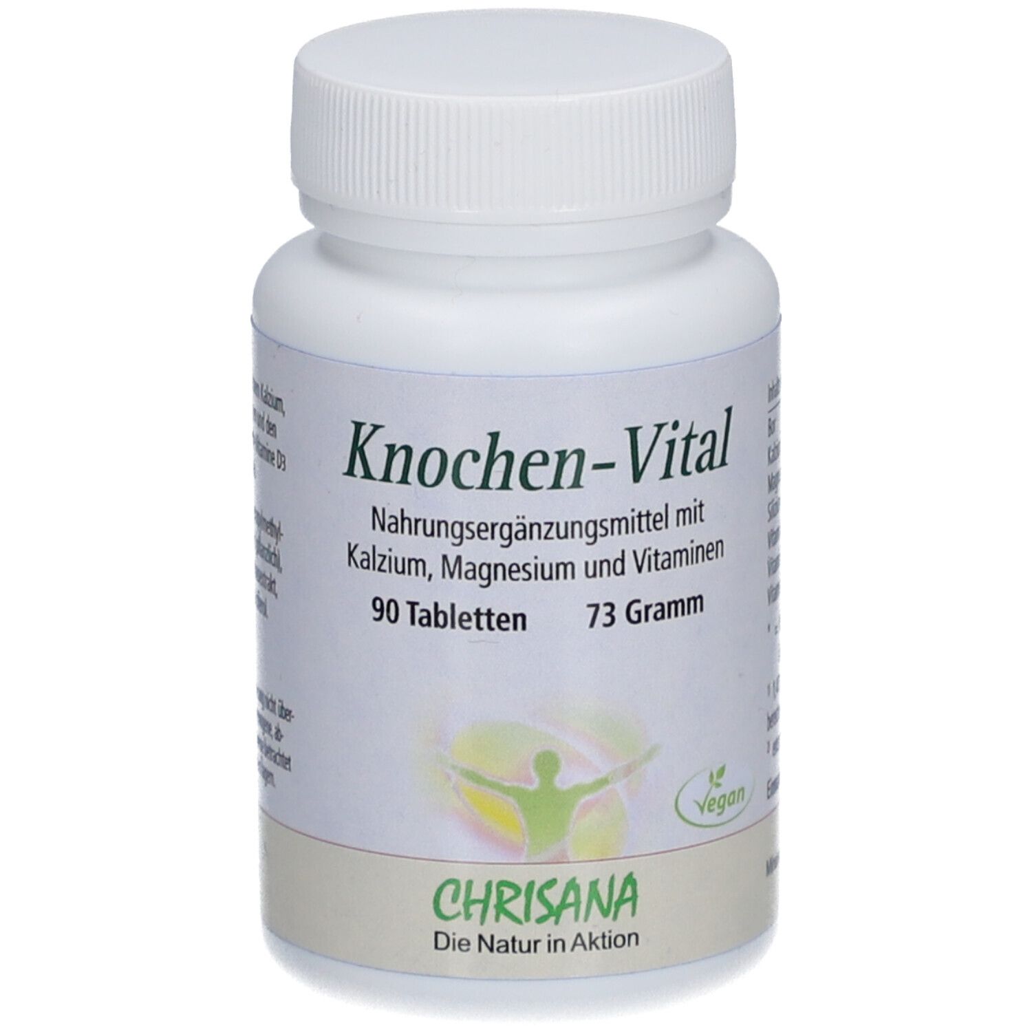 Weiße Flasche mit "Knochen-Vital"-Etikett. Enthält 90 Tabletten. "Chrisana"-Logo unten.