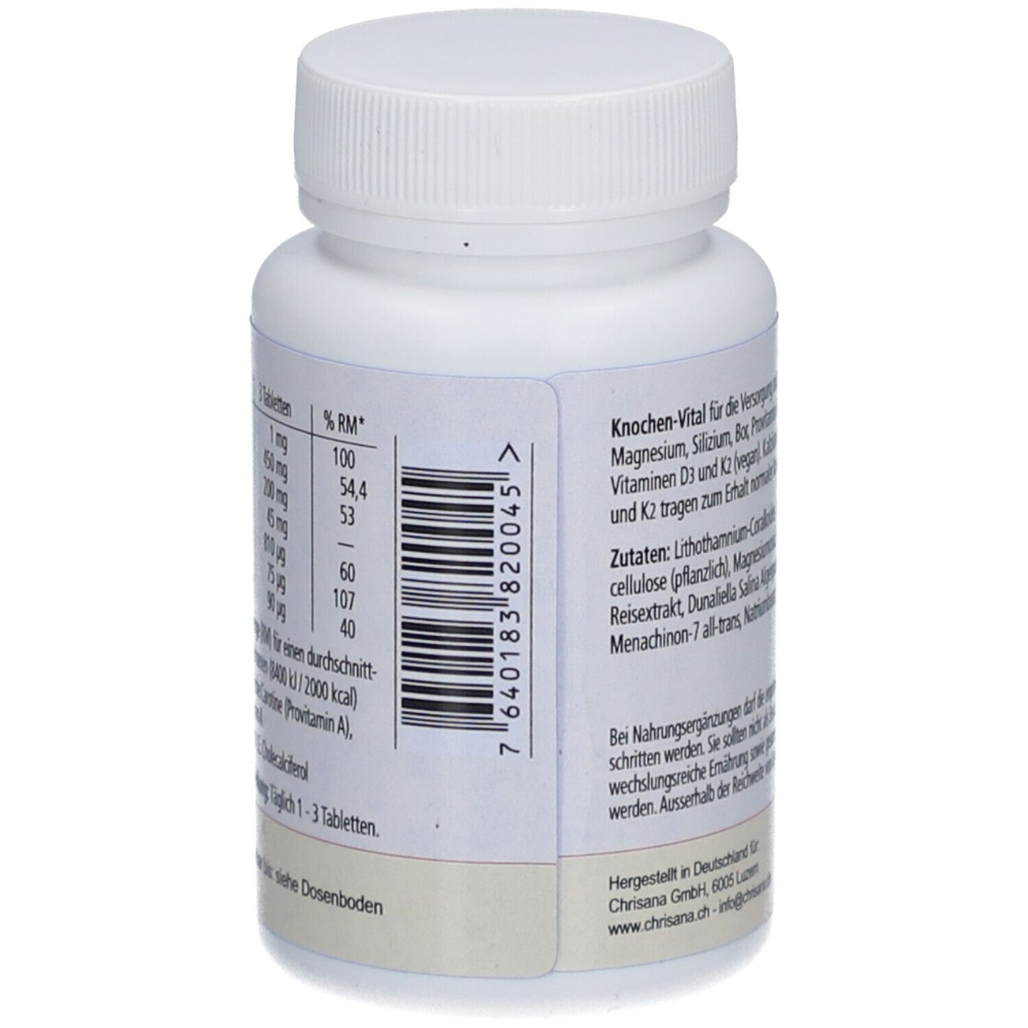 Rückseite der weißen Flasche mit Nährwerttabelle und Barcode. Text mit Inhaltsstoffen. "Chrisana"-Logo.