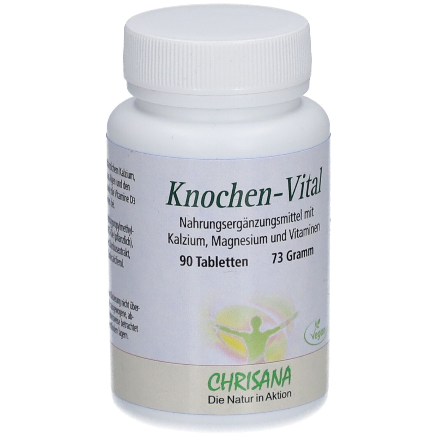 Weiße Flasche mit "Knochen-Vital"-Etikett. Enthält 90 Tabletten. "Chrisana"-Logo unten.