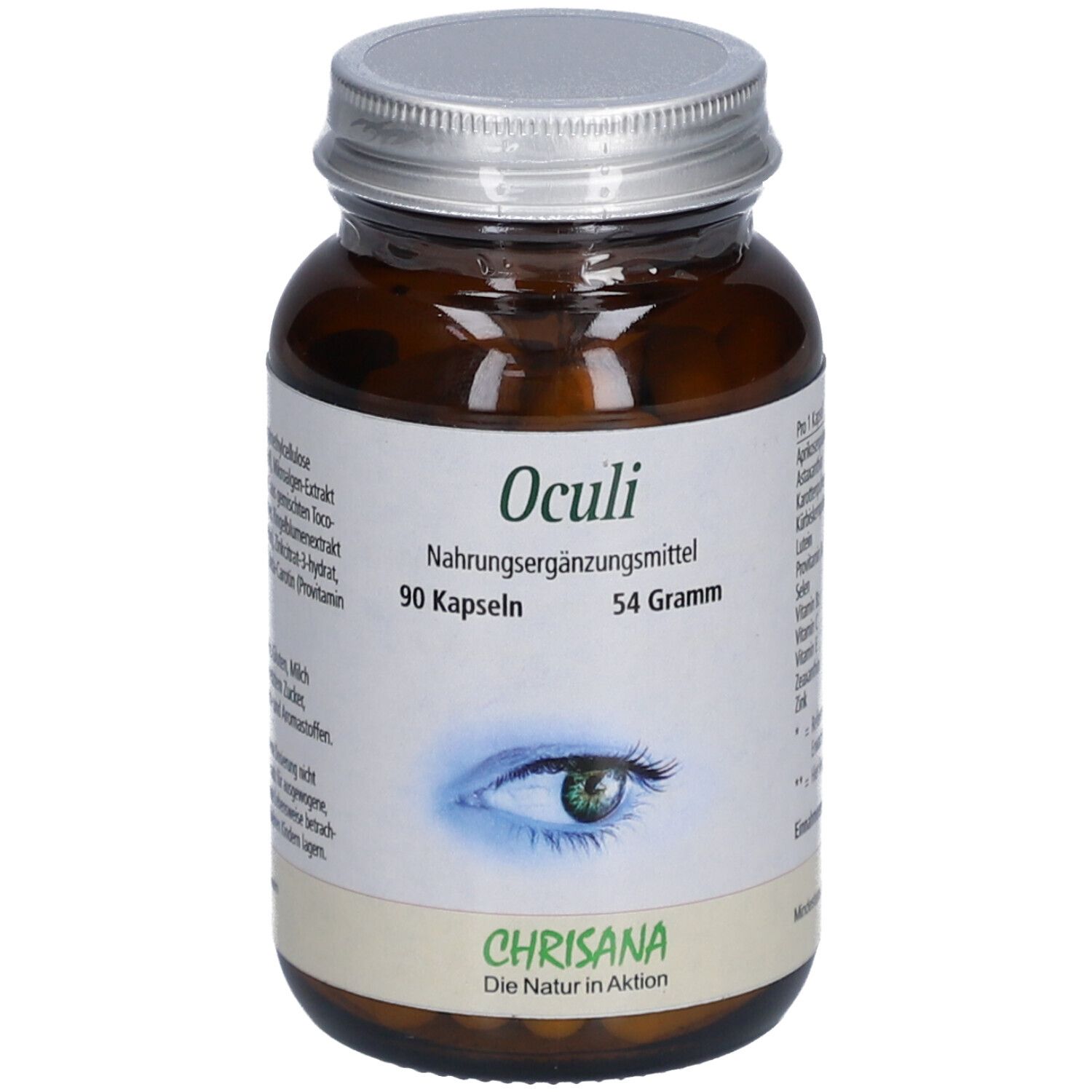 Flacon en verre brun avec couvercle argenté. Inscription : Oculi Nahrungsergänzungsmittel, 90 gélules, 54 grammes. Marque : Chrisana.