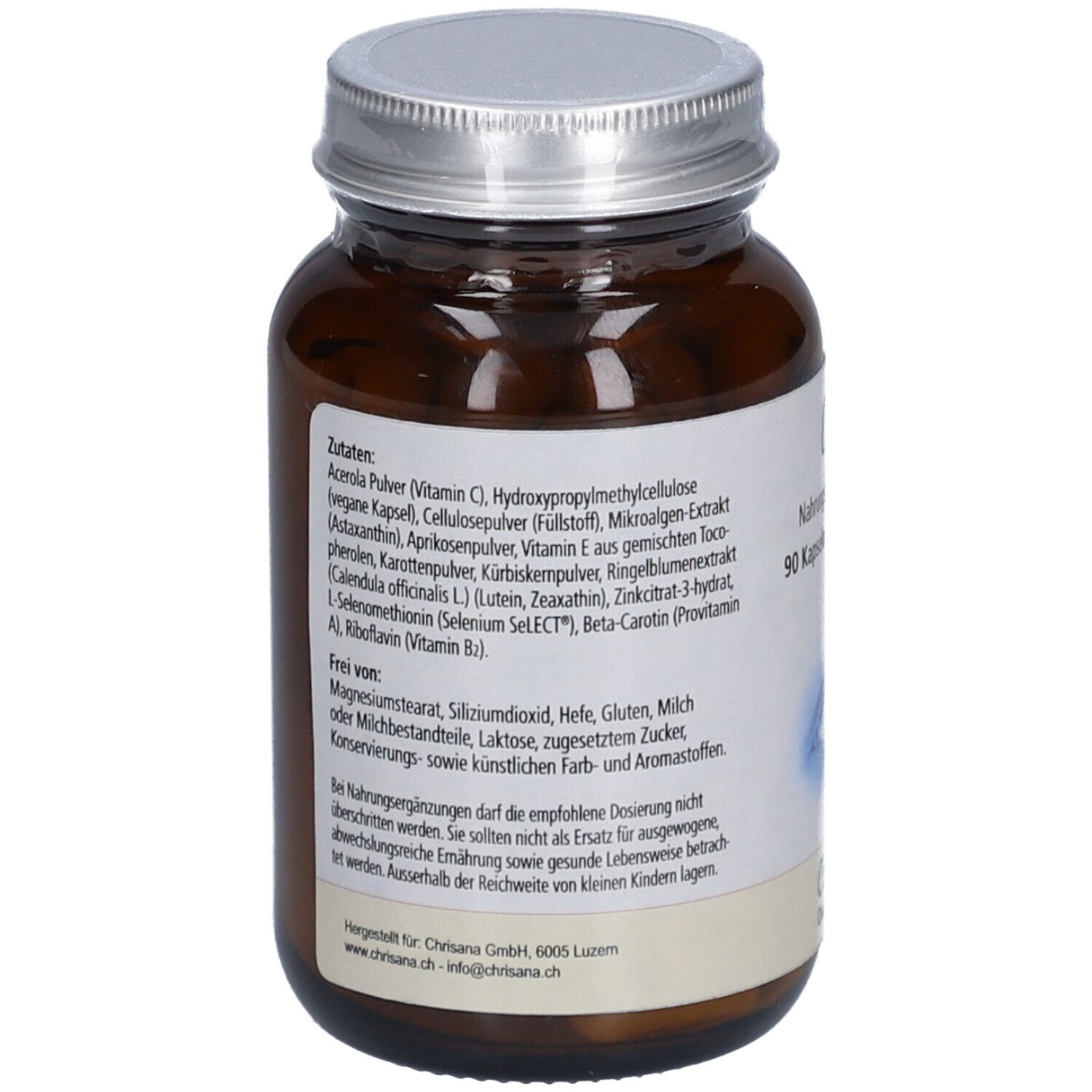 Dos du flacon en verre brun. Liste des ingrédients et informations nutritionnelles. Texte : Fabriqué pour Chrisana GmbH, 6005 Lucerne.