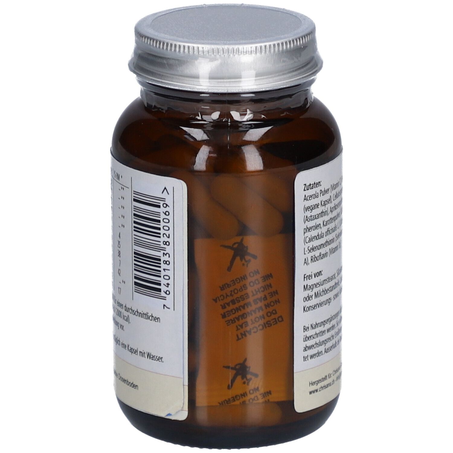 Flacon en verre brun avec couvercle argenté. Gélules à l'intérieur emballées dans du film. Notice avec texte.