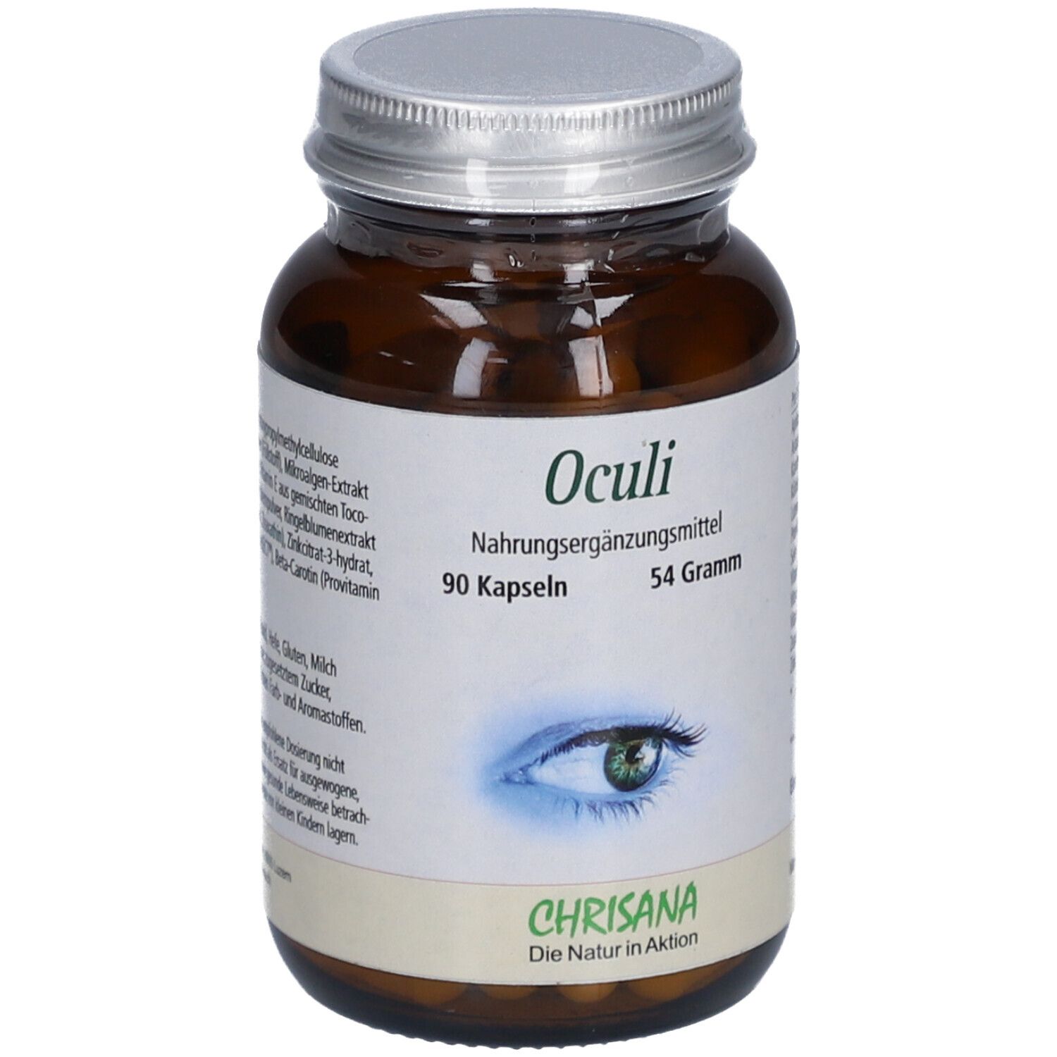 Flacon en verre brun avec couvercle argenté. Inscription : Oculi Nahrungsergänzungsmittel, 90 gélules, 54 grammes. Marque : Chrisana.