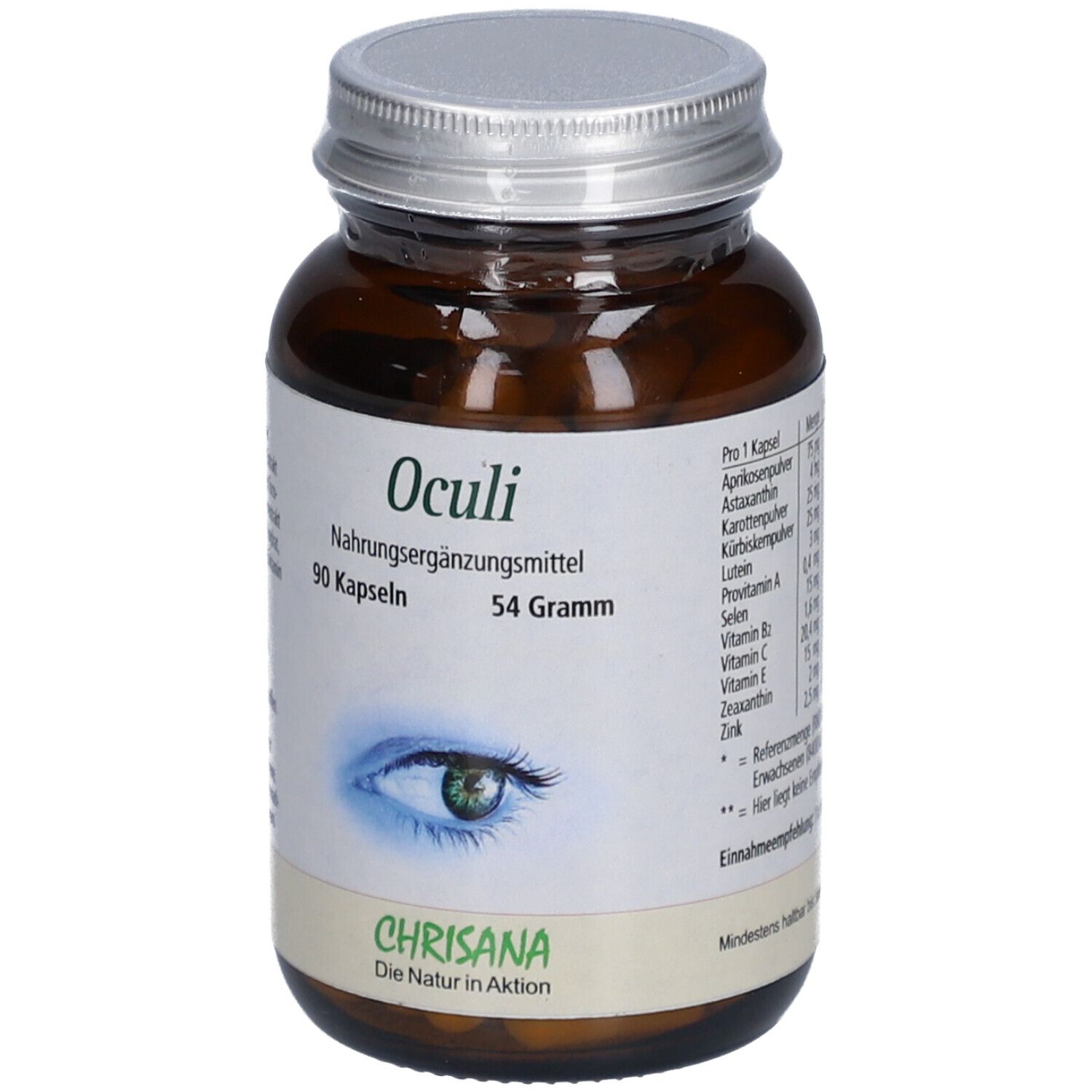 Flacon en verre brun avec couvercle argenté. Inscription : Oculi Nahrungsergänzungsmittel, 90 gélules, 54 grammes. Marque : Chrisana.