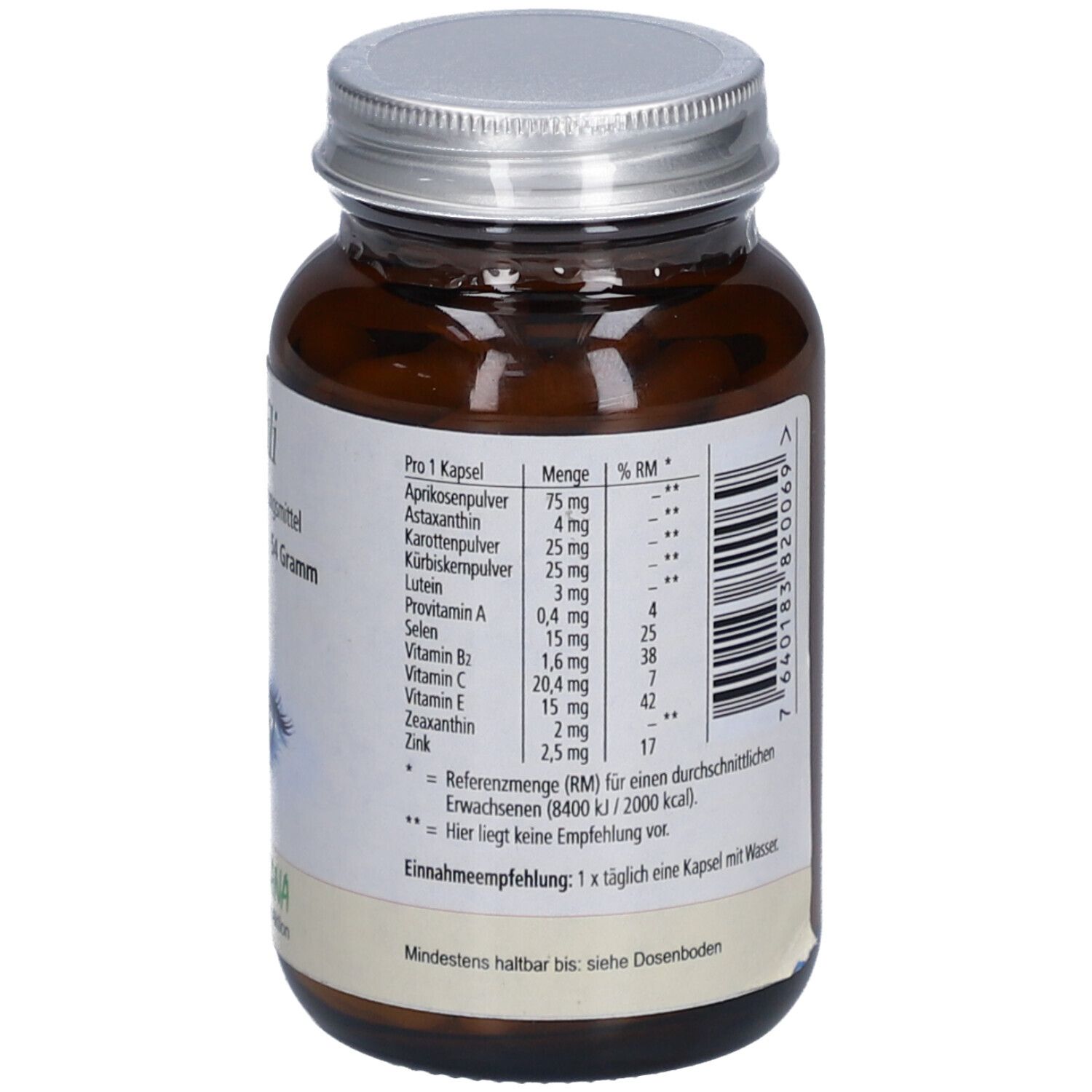 Dos du flacon en verre brun. Informations nutritionnelles et recommandations de consommation. Texte : A consommer de préférence avant : voir le fond du flacon.