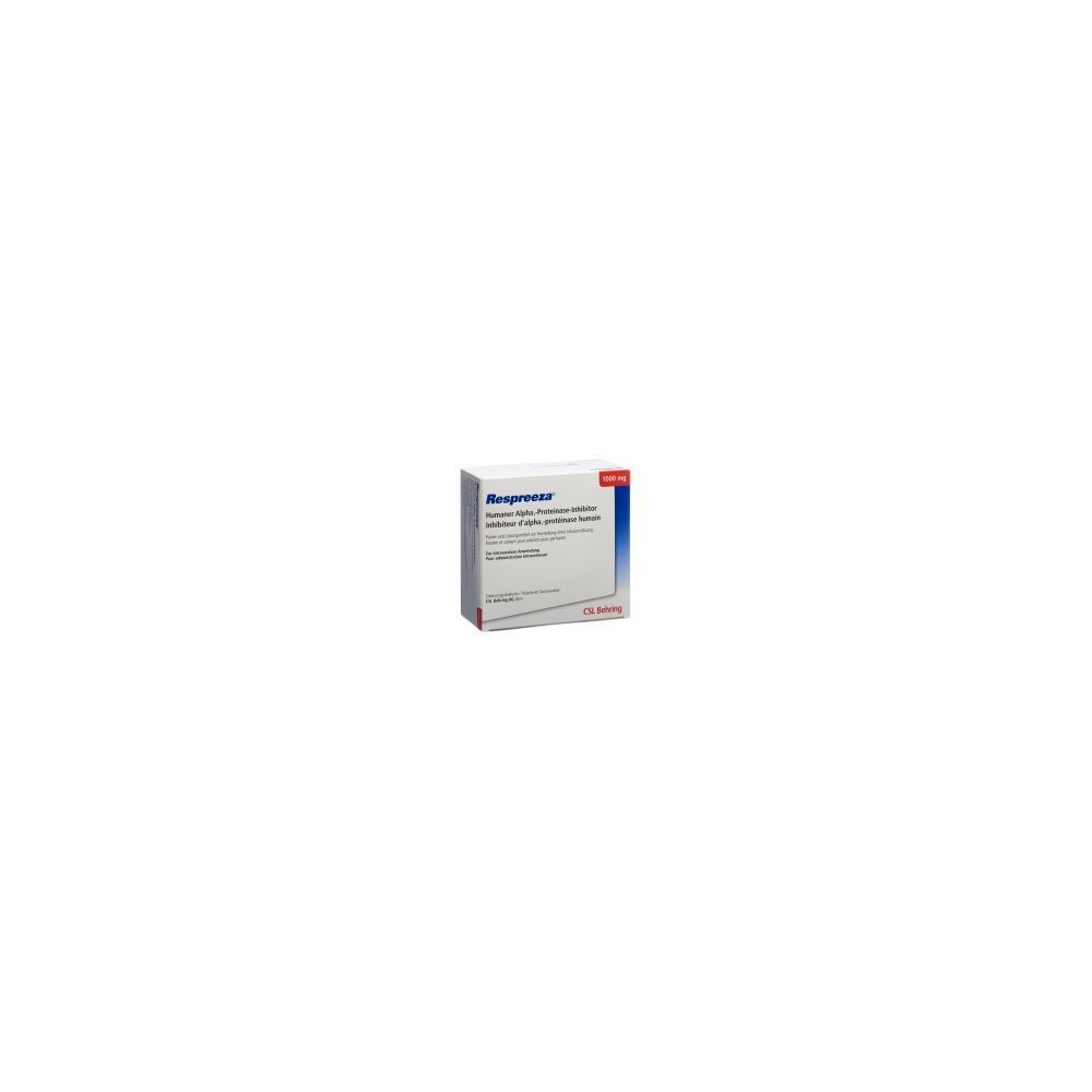 Karton mit Produktbeschriftung. Blaue und rote Akzente. Text: RESPREEZA Trockensub. 1000 mg c Solv Durchstf. Klarer Hintergrund.