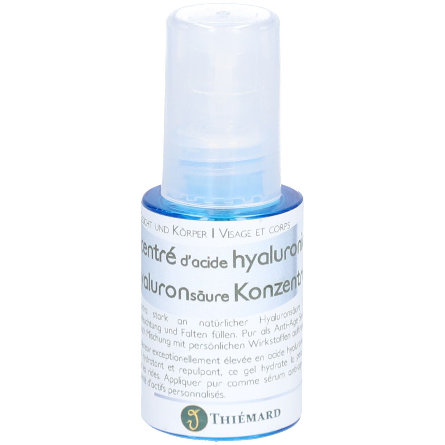 Petite bouteille bleue avec bouchon blanc. Inscription : Visage & Corps, Concentré d'acide hyaluronique. Marque : Thiemard.