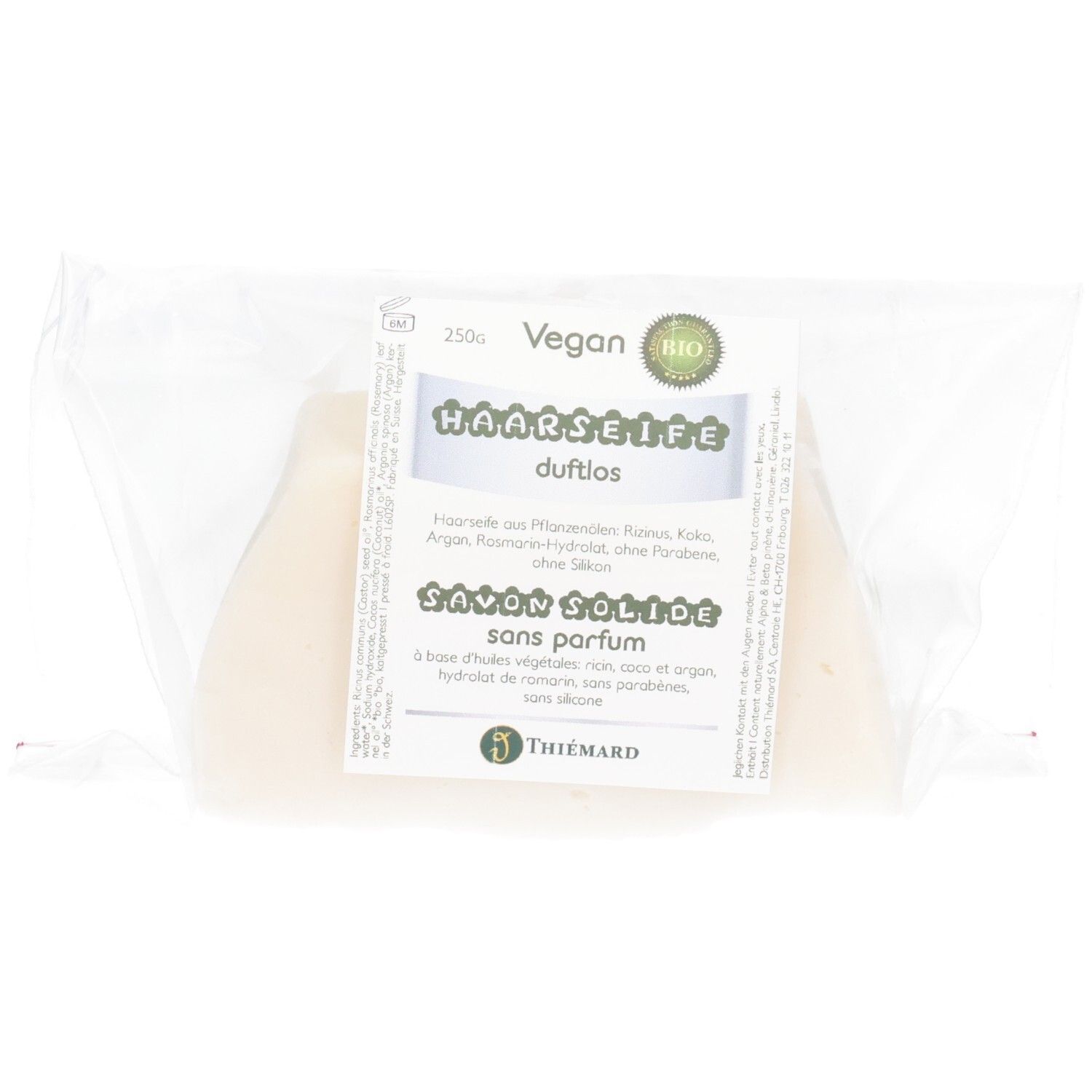 Vegane Bio Haarseife duftlos, 250g. Feste Seife ohne Parfum, auf Basis pflanzlicher Öle.