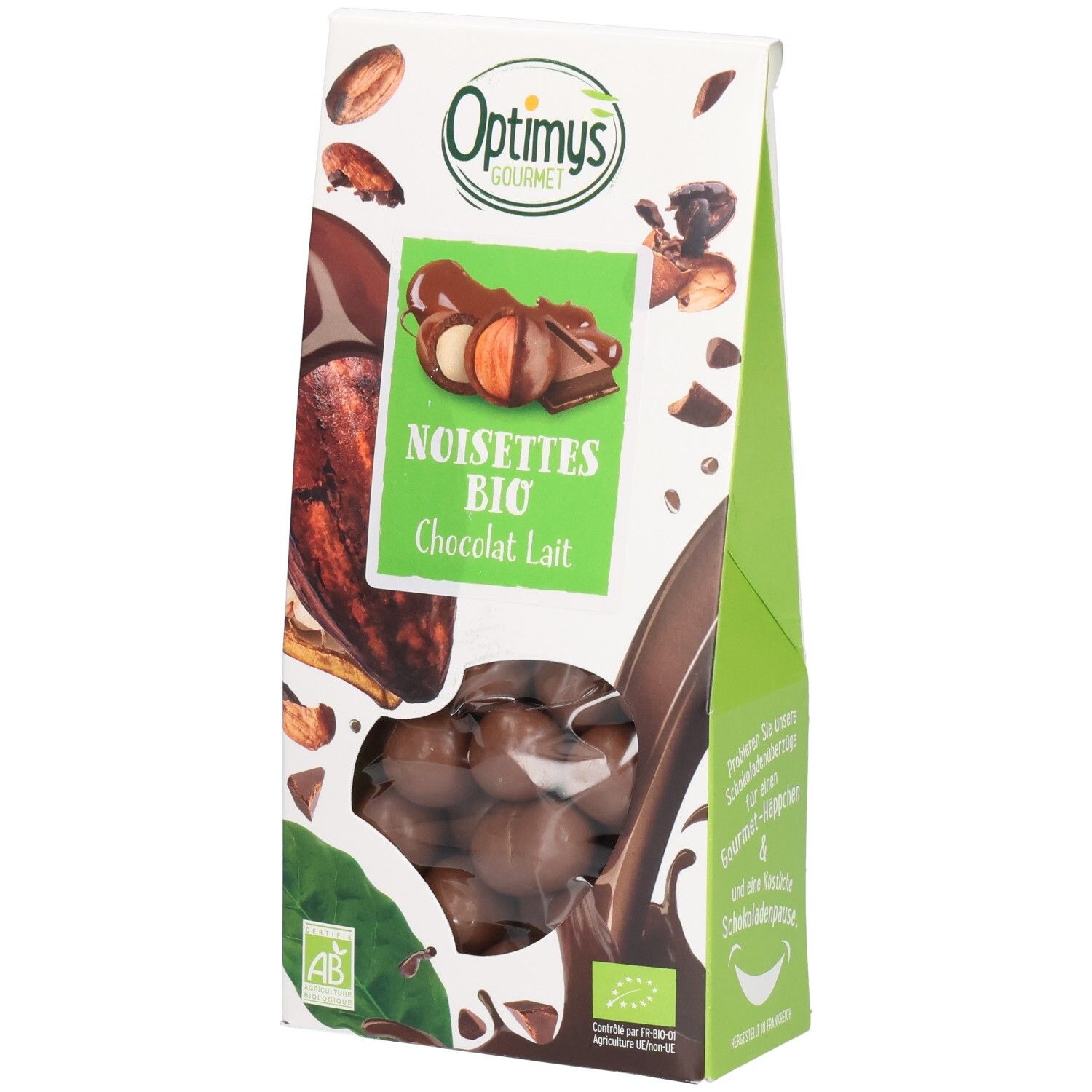 Verpackung mit Schokoladenkugeln. Aufschrift: Noisettes Bio Chocolat Lait. Marke: Optimys Gourmet. AB- und Bio-Siegel.