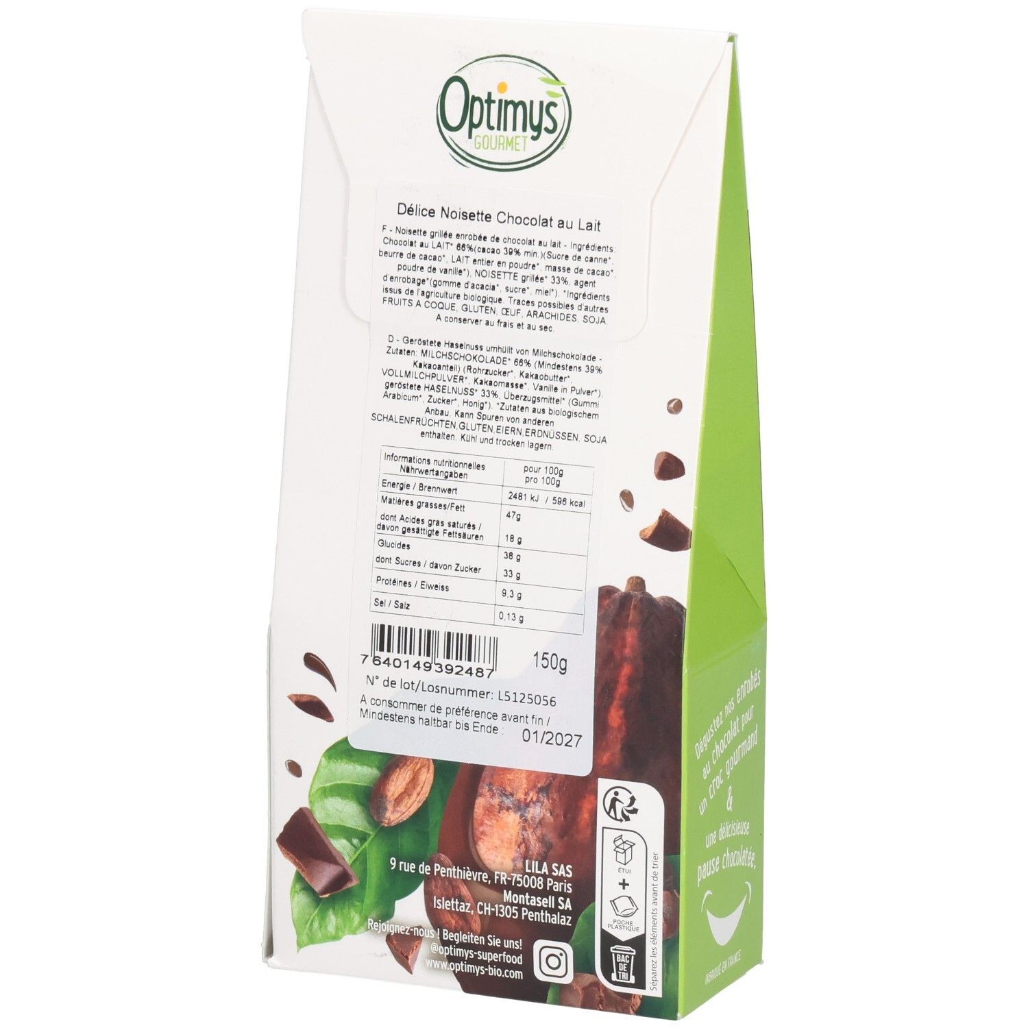 Rückseite der Verpackung. Text mit Nährwertangaben und Zutaten. Marke: Optimys Gourmet. Bio-Siegel. Mindesthaltbarkeitsdatum.