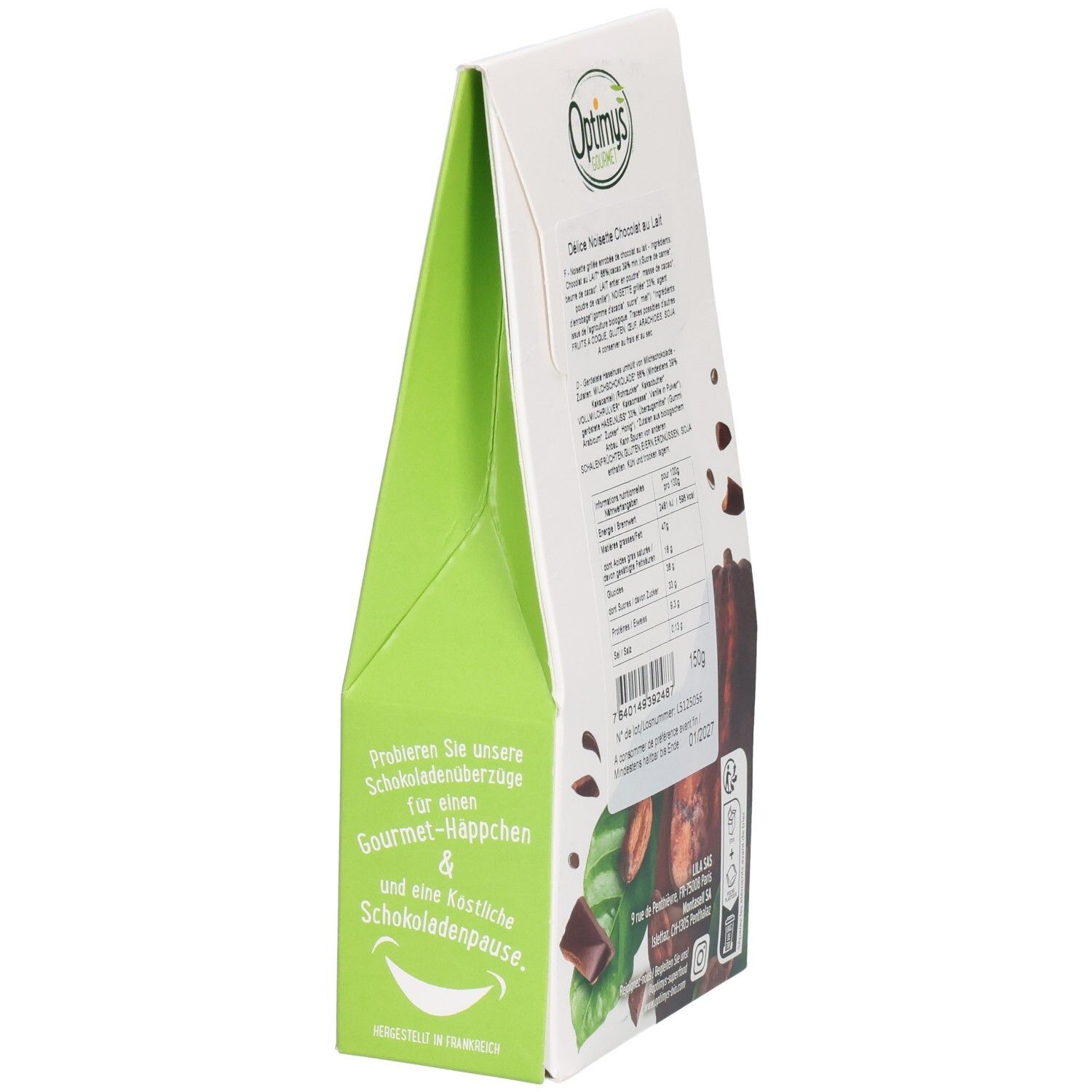 Schrägansicht der Verpackung. Grüne Seite mit Text. Rückseite mit Nährwertangaben. Marke: Optimys Gourmet. Bio-Siegel.