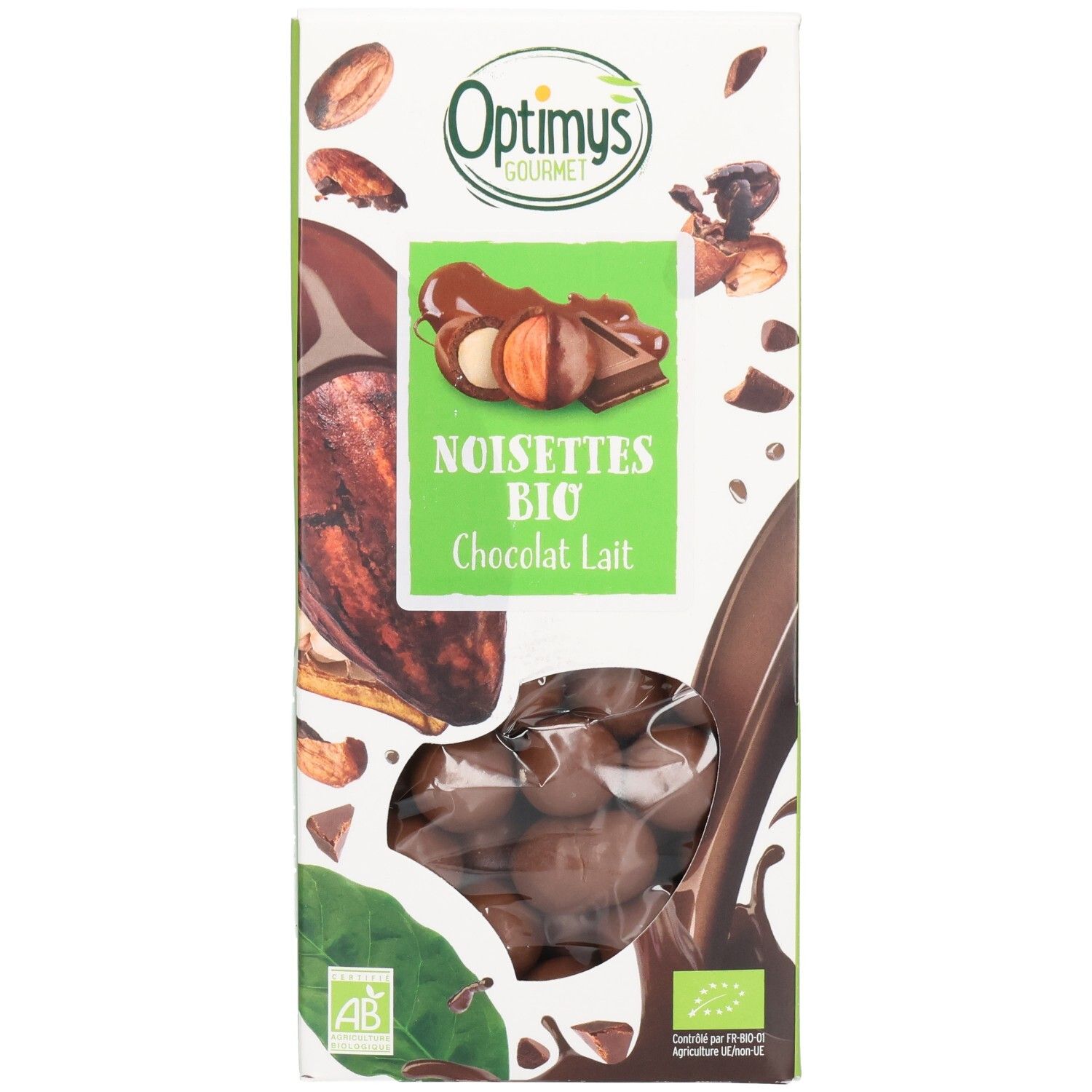 Verpackung mit Schokoladenkugeln. Aufschrift: Noisettes Bio Chocolat Lait. Marke: Optimys Gourmet. AB- und Bio-Siegel.