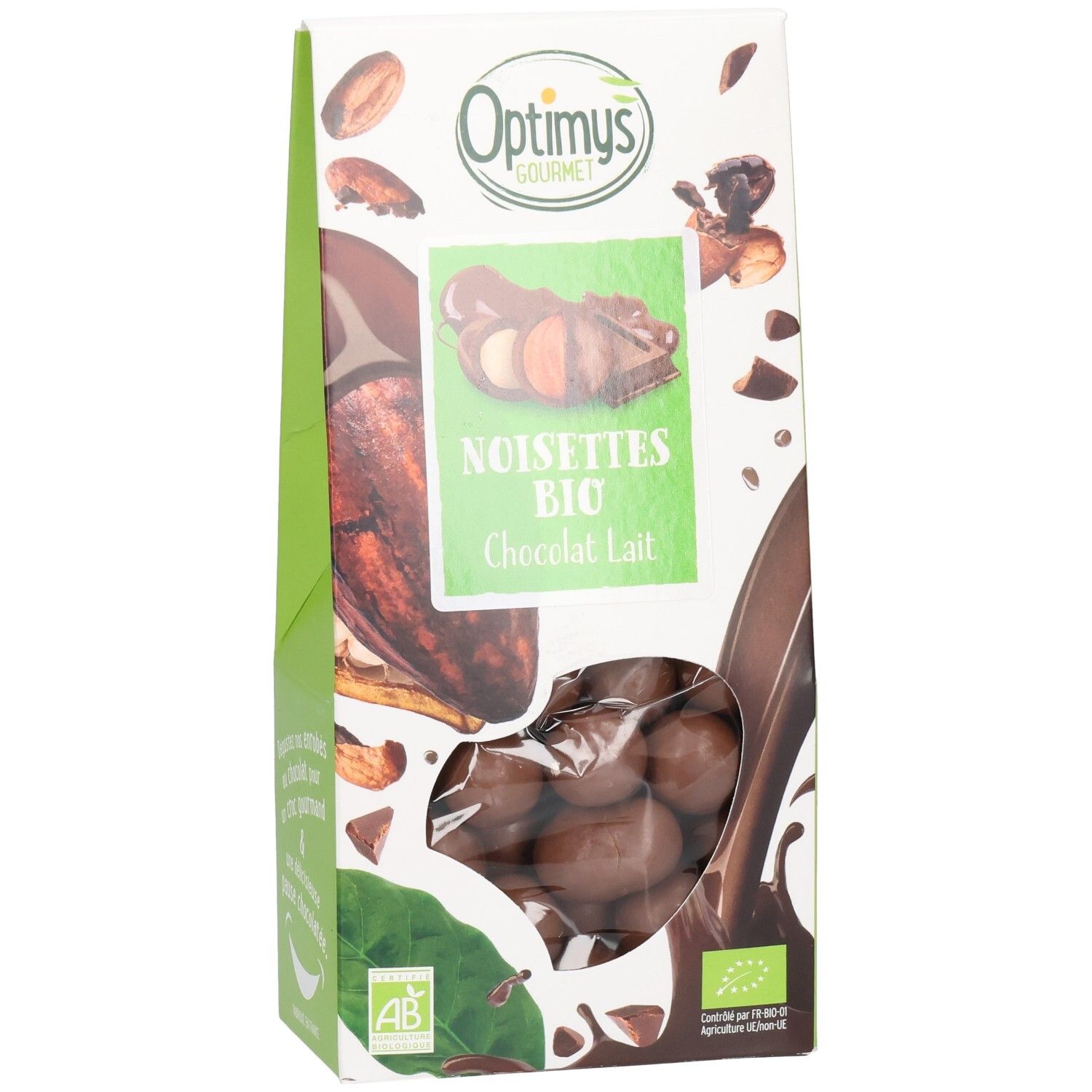 Verpackung mit Schokoladenkugeln. Aufschrift: Noisettes Bio Chocolat Lait. Marke: Optimys Gourmet. AB- und Bio-Siegel.