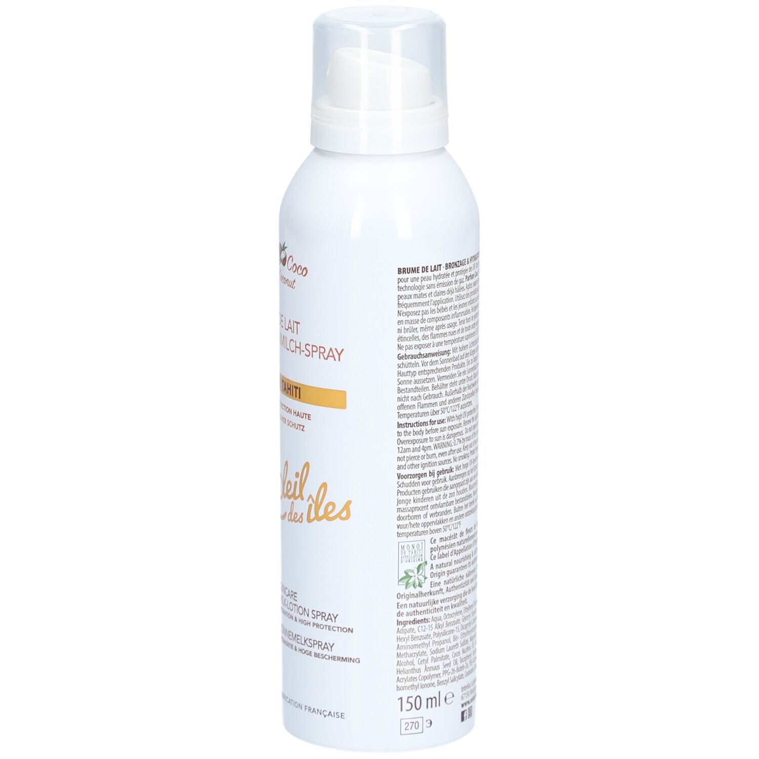 Weiße Sprühflasche. Aufschrift und Text. Volumen: 150 ml. Text: Soleil des îles.