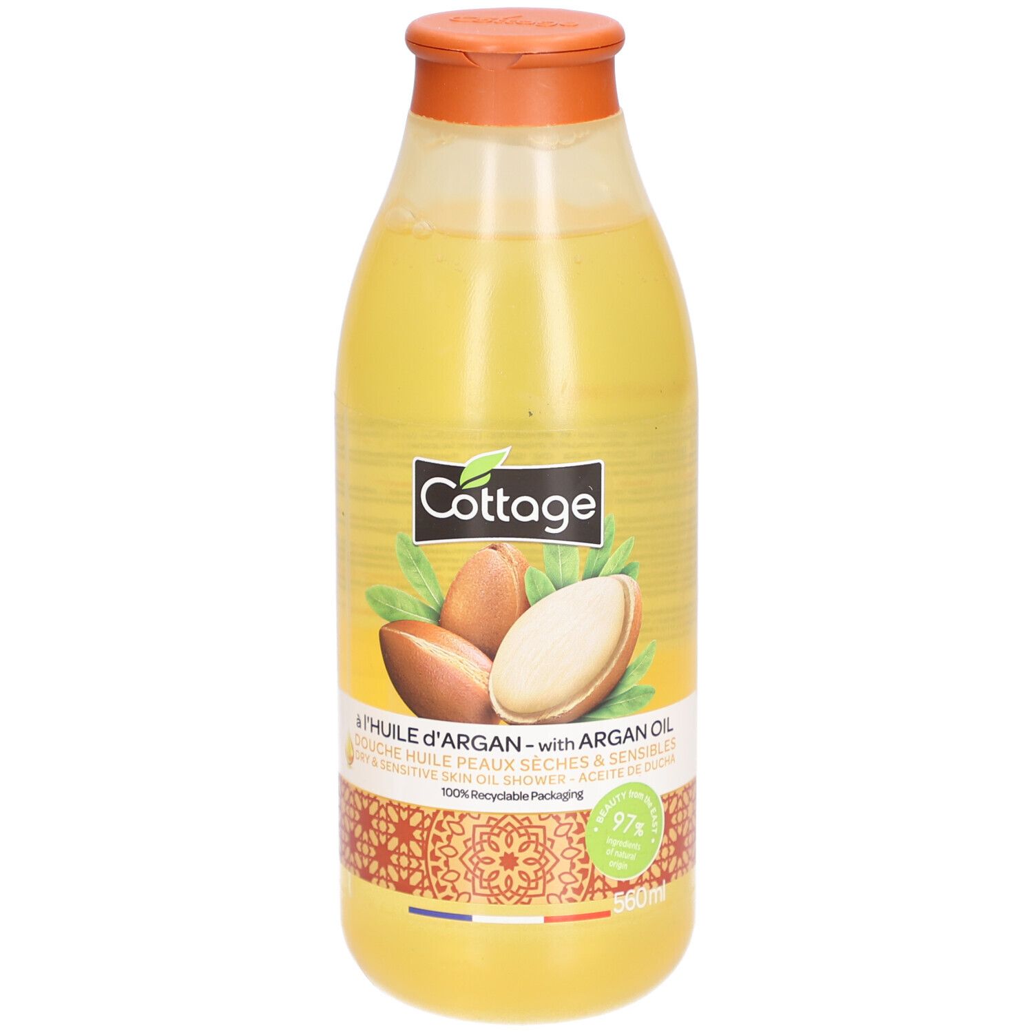 Flacon jaune avec bouchon orange. Inscription: Cottage, huile d'argan. Illustration d'argan. 97% recyclable.