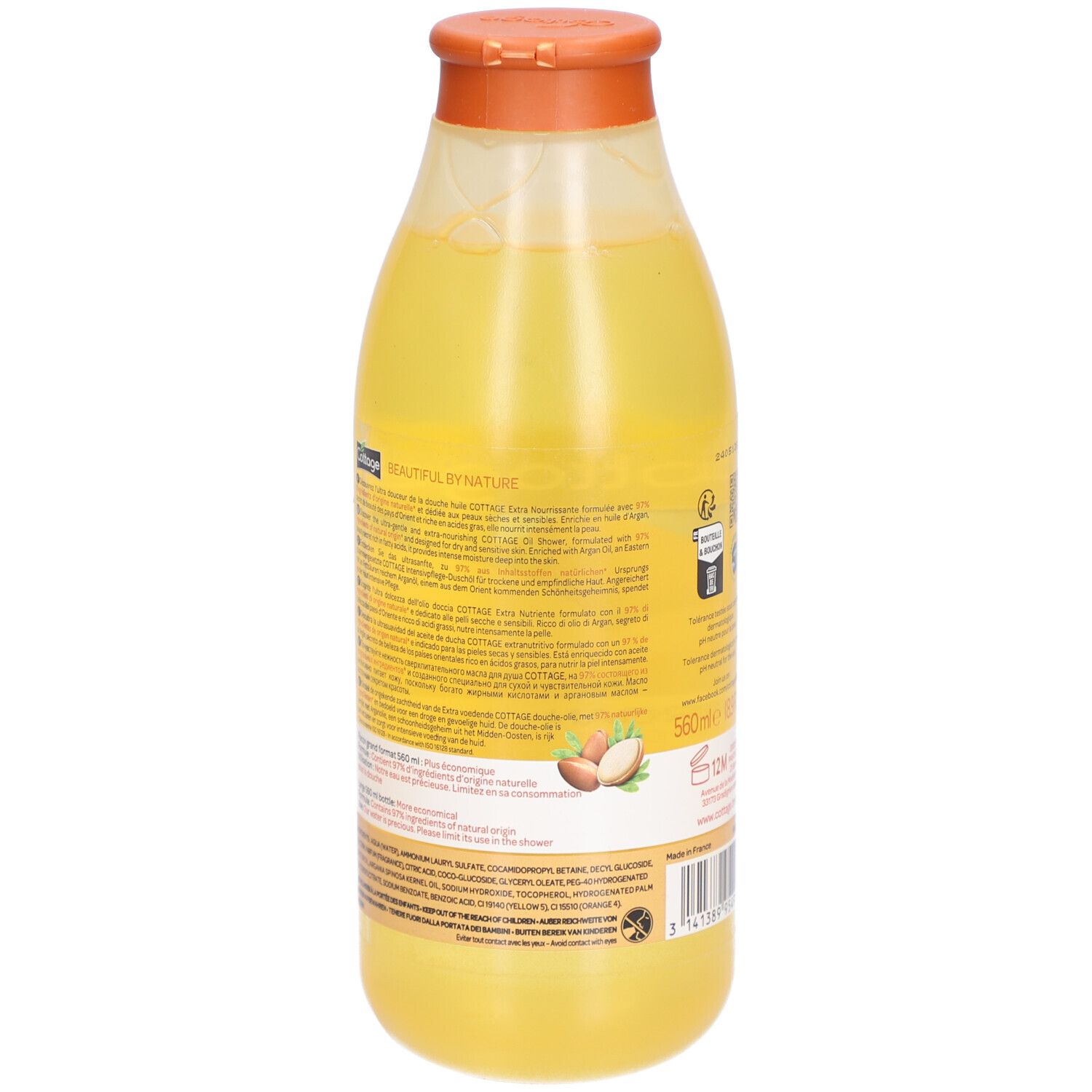 Dos du flacon jaune. Informations textuelles, ingrédients et fabricant. Illustration d'amande. 560ml.