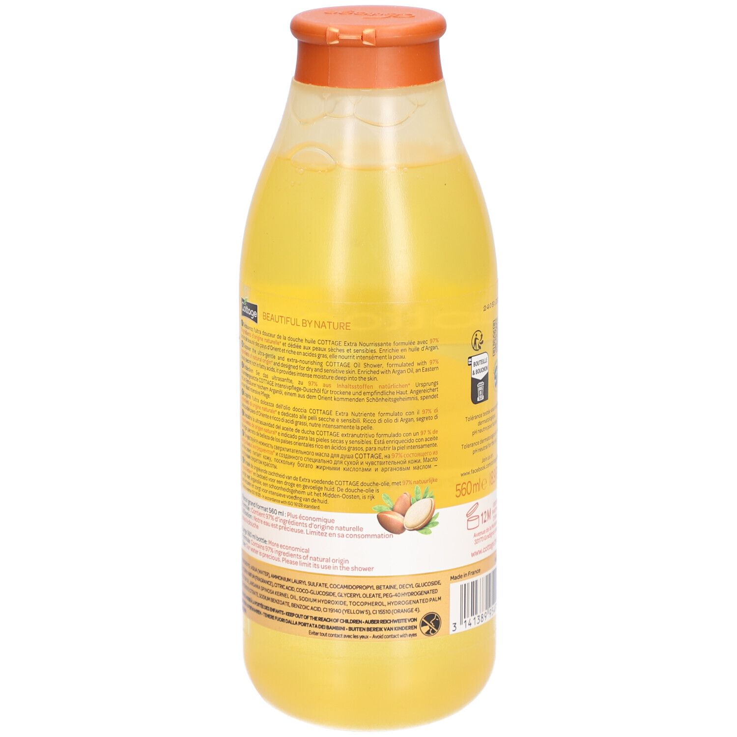 Dos du flacon jaune. Informations textuelles, ingrédients et fabricant. Illustration d'amande. 560ml.