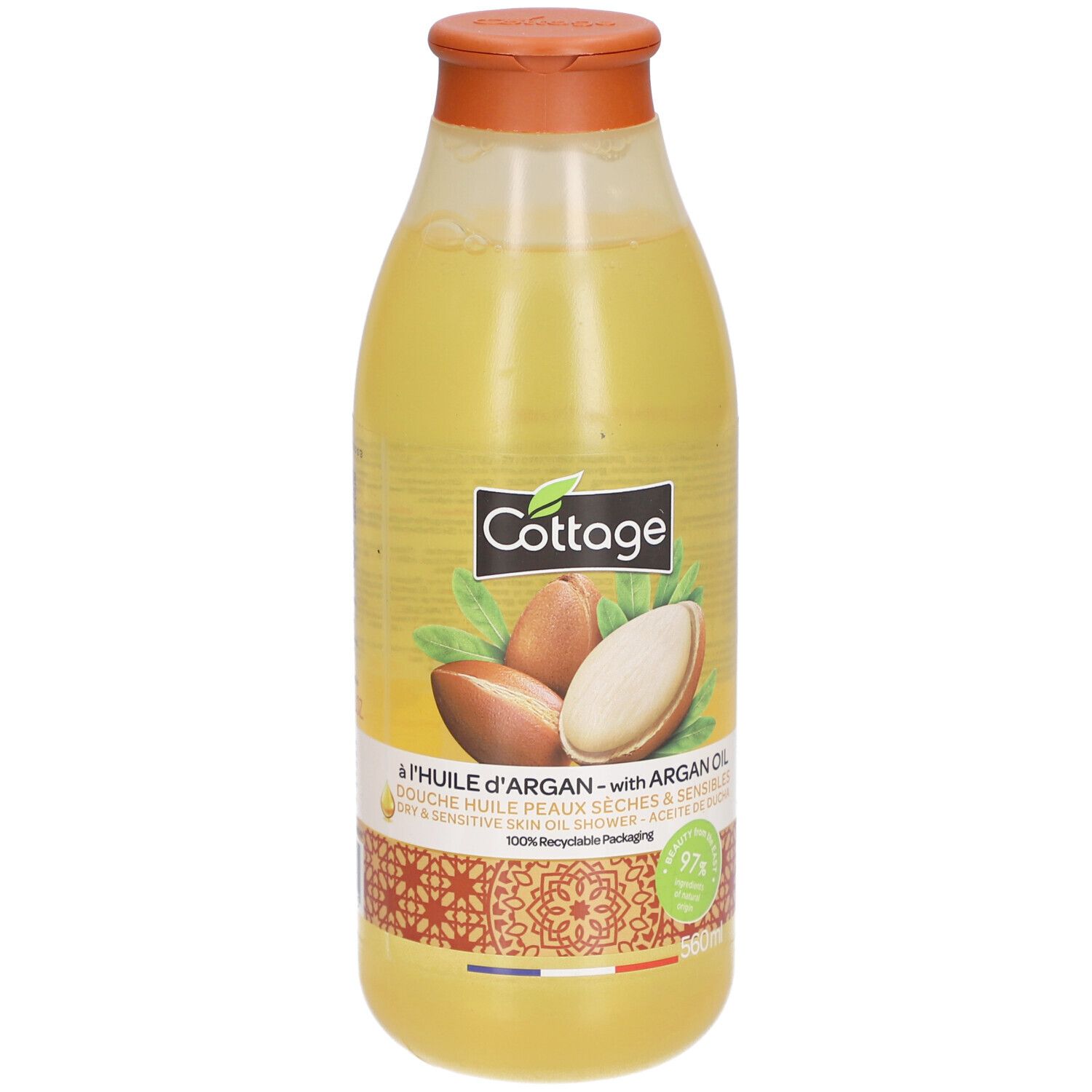 Flacon jaune avec bouchon orange. Inscription: Cottage, huile d'argan. Illustration d'argan. 97% recyclable.