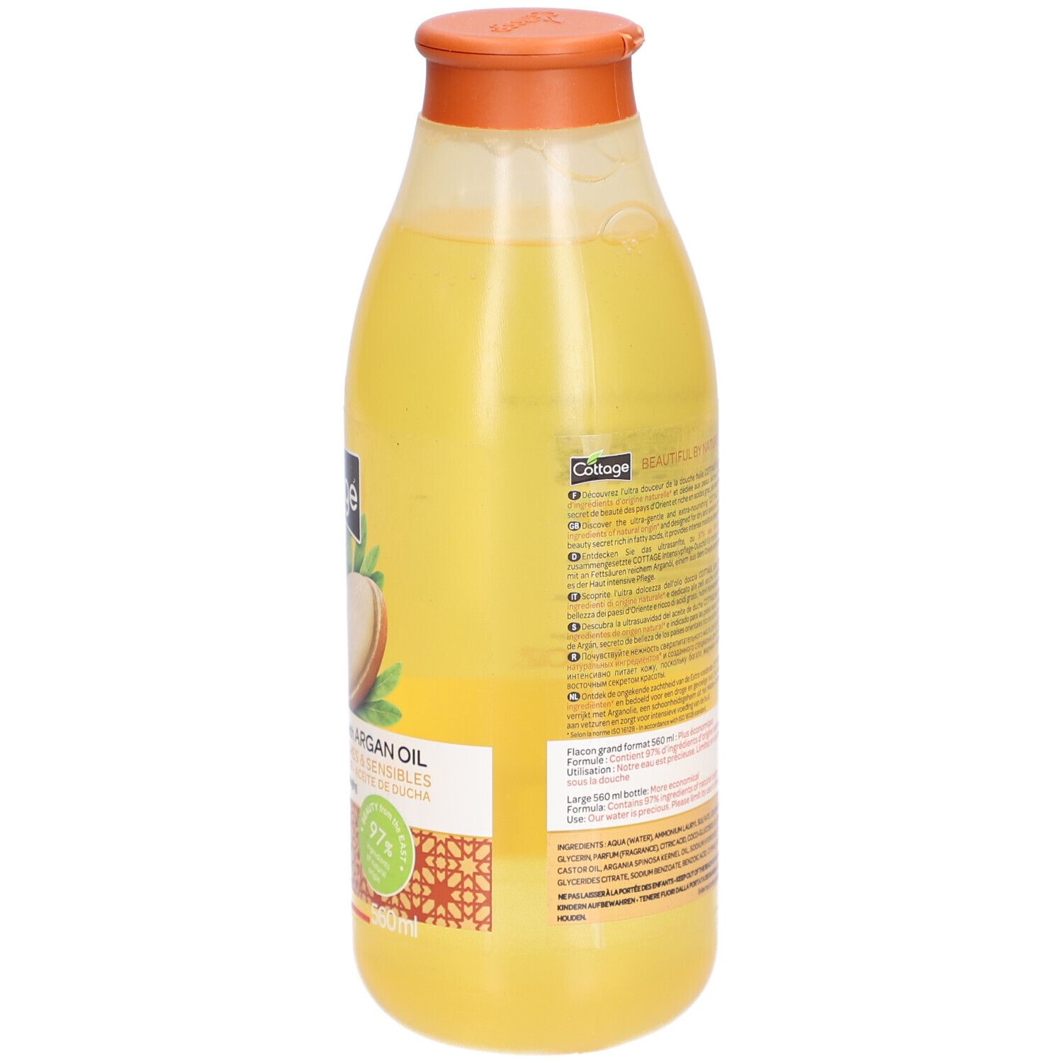 Flacon jaune avec bouchon orange. Inscription: Cottage, huile d'argan. Illustration d'argan. 97% recyclable. 560ml.
