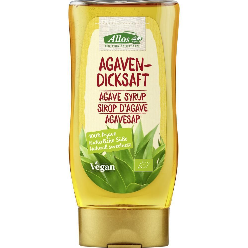 Gelbe Spenderflasche mit Etikett. Aufschrift: ALLOS Agavendicksaft, Agave Syrup, Sirop d'agave, Agavesap. Vegan-Siegel.