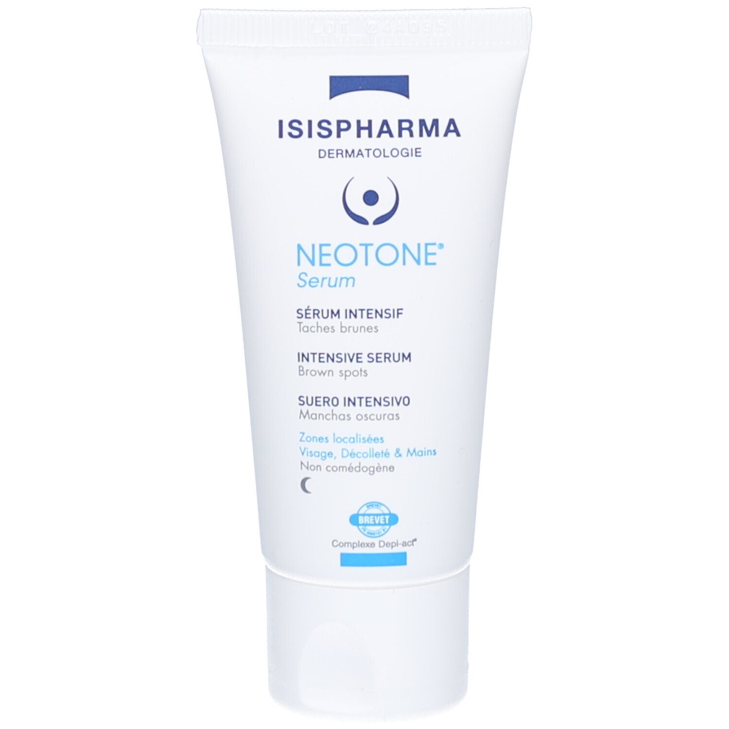 Weiß-blaue Tube mit Produktnamen und Logo. Text: Sérum Intensif, Intensive Serum, Suero Intensivo. Mit Zertifizierung.