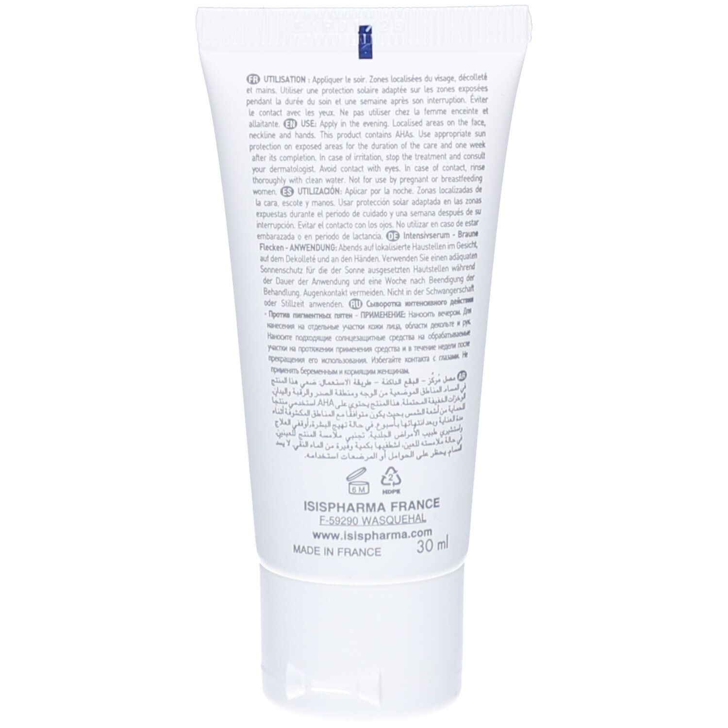 Rückseite der Tube mit Text in mehreren Sprachen. Enthält Informationen zur Anwendung und Inhaltsstoffe. Mit Logo.